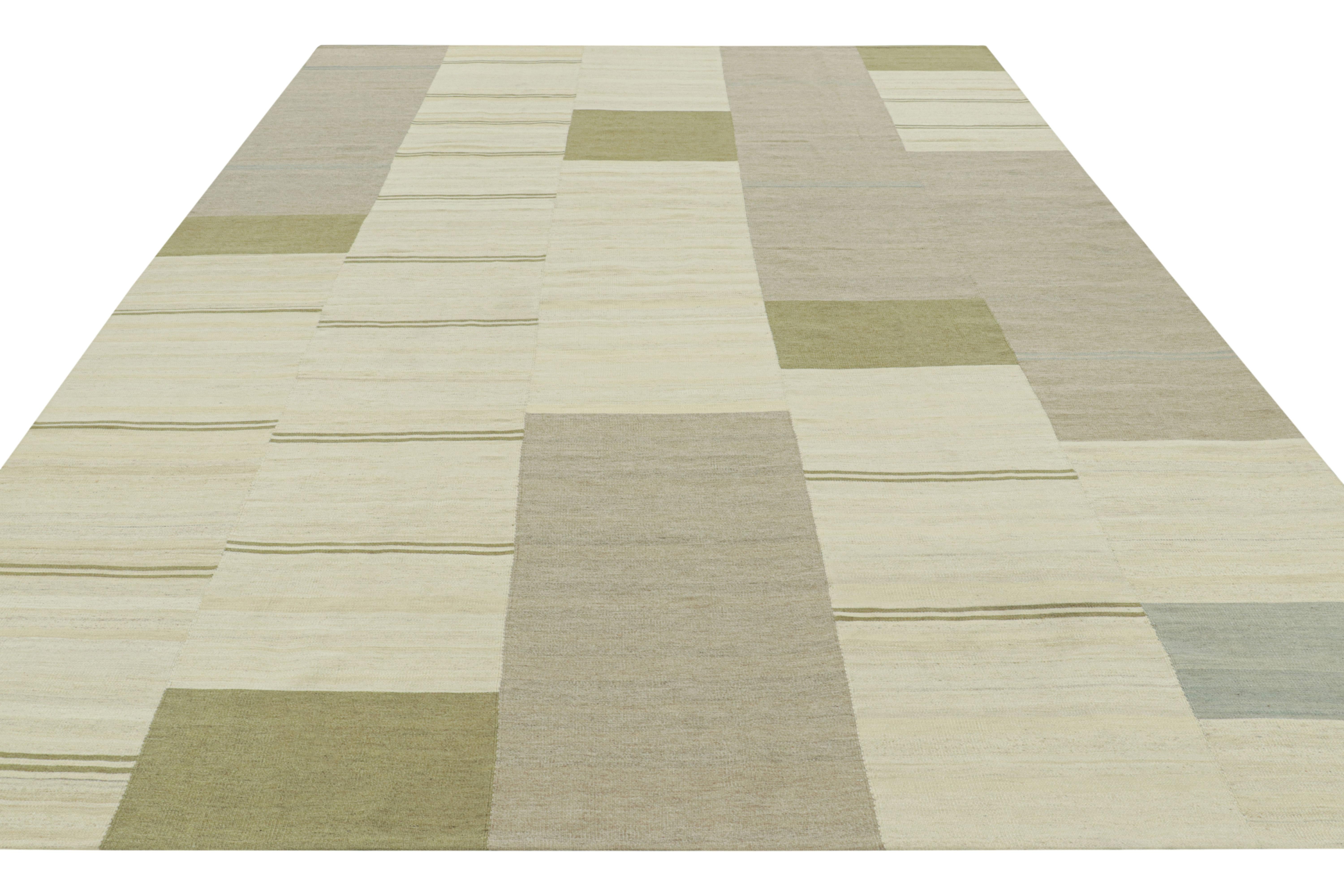 Rug & Kilim’s Contemporary Kilim with Textural Cream, Gray and Green Stripes In New Condition For Sale In Long Island City, NY