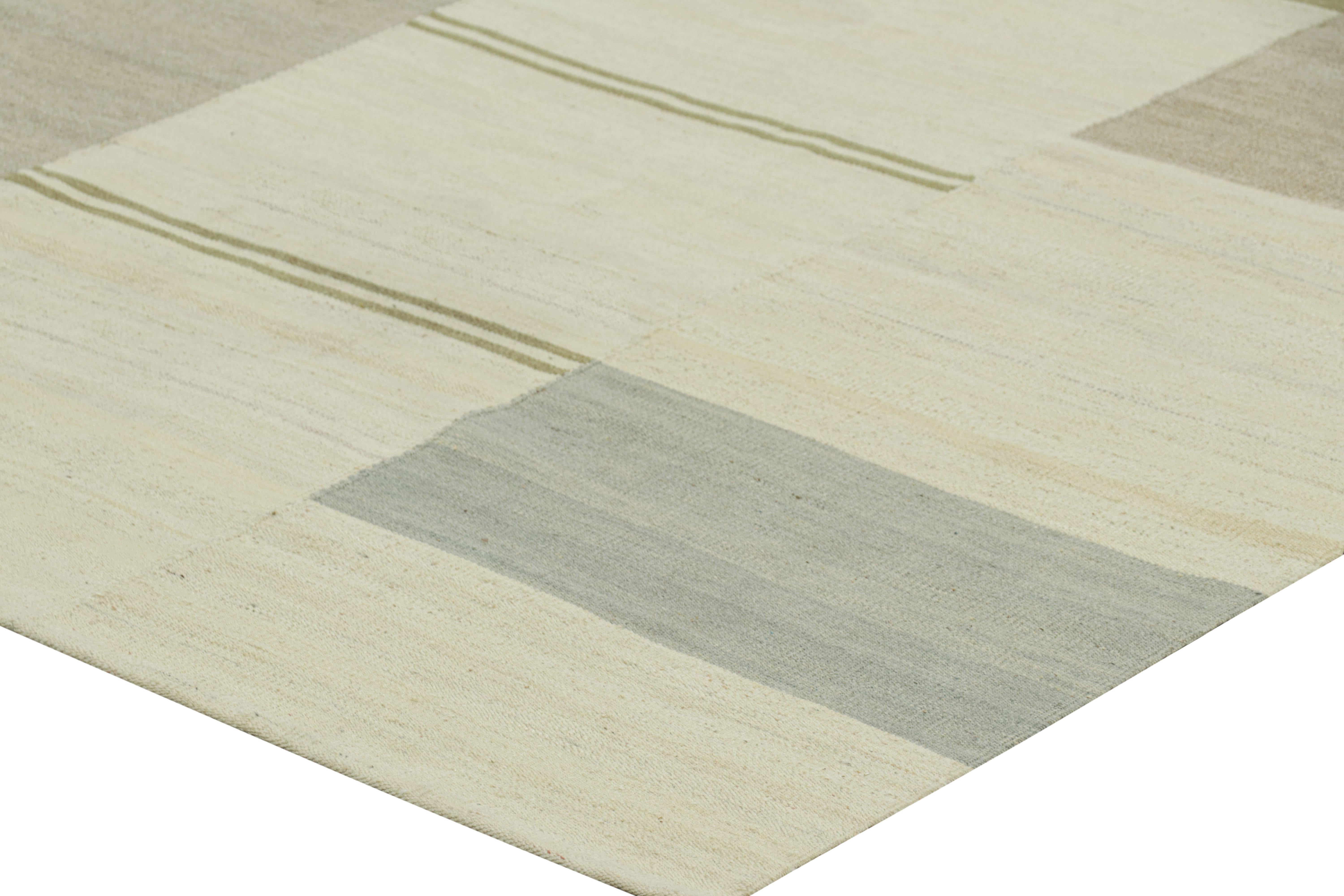 Wool Rug & Kilim’s Contemporary Kilim with Textural Cream, Gray and Green Stripes For Sale