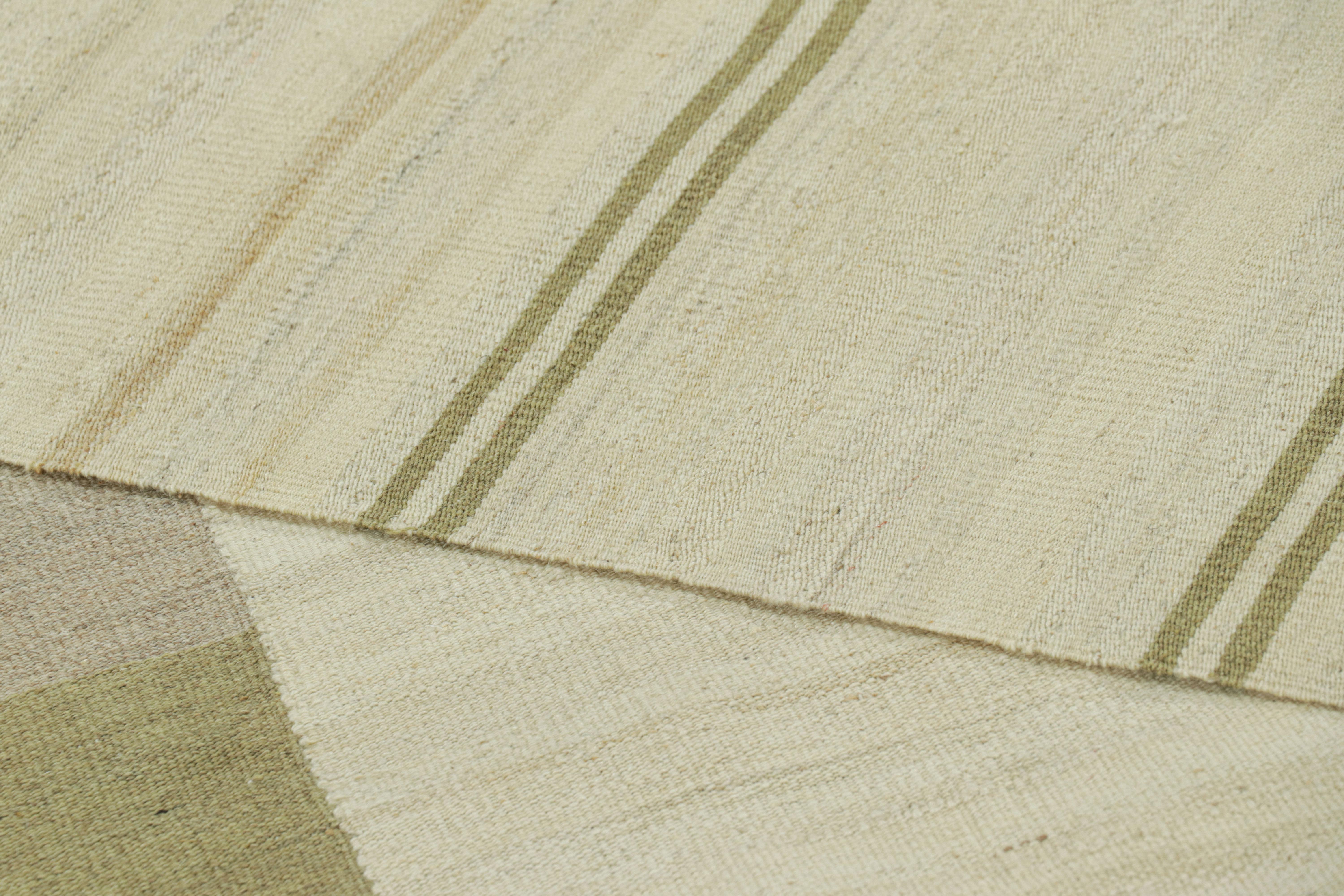 Rug & Kilim’s Contemporary Kilim with Textural Cream, Gray and Green Stripes For Sale 1