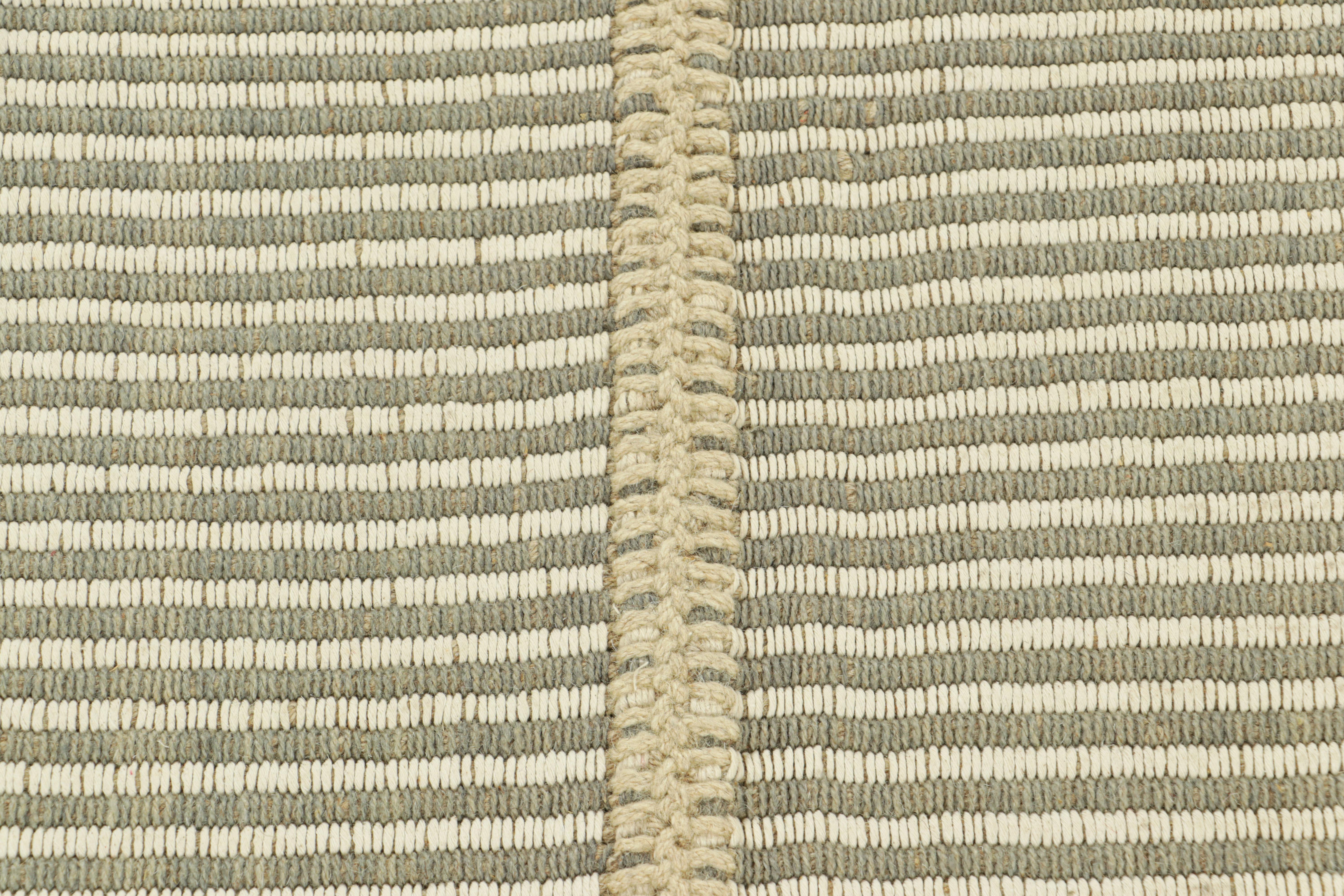 Modern Rug & Kilim’s Contemporary Kilim with Textural Cream White and Black Stripes For Sale