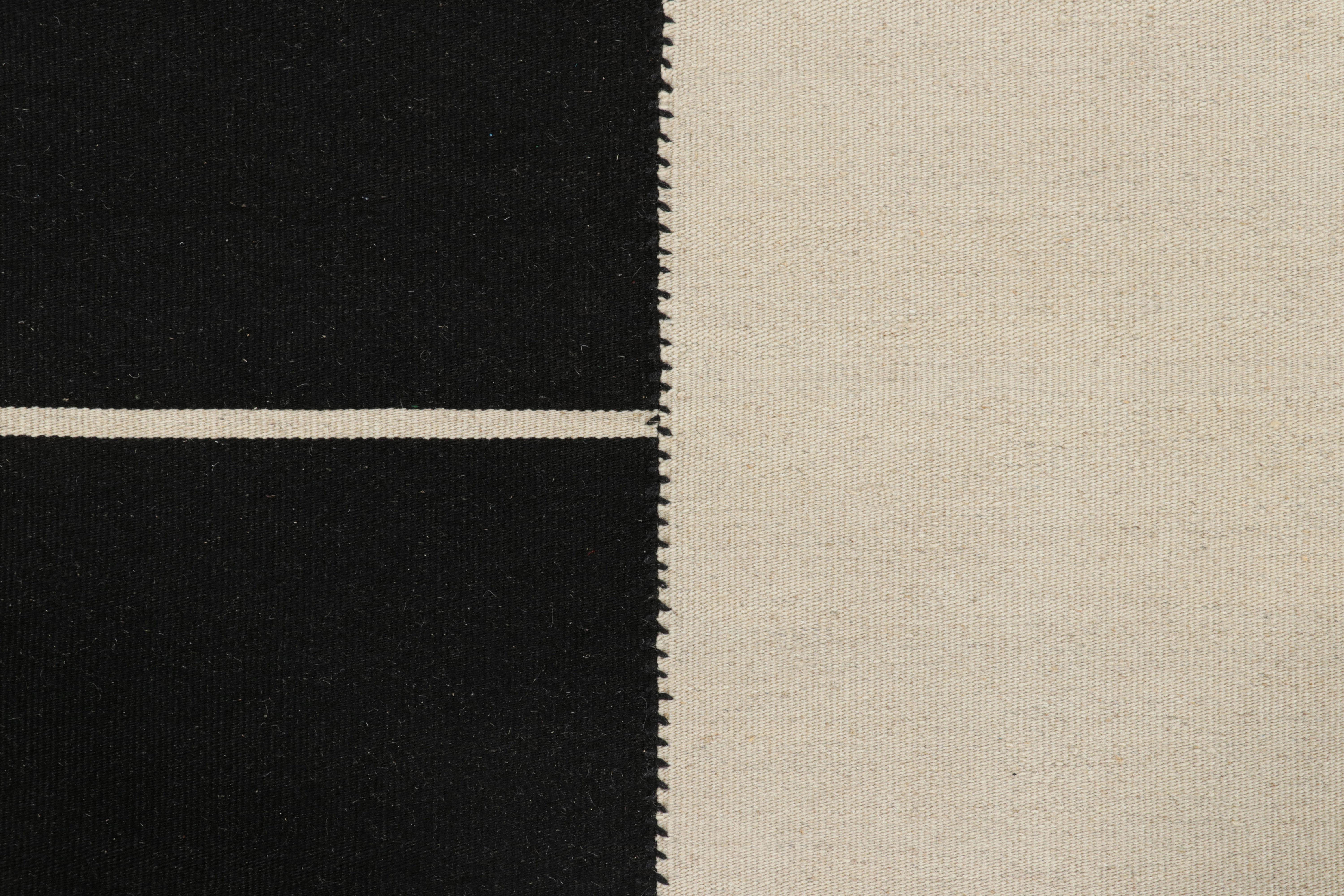 Afghan Rug & Kilim’s Contemporary Kilim with Textural Cream White and Black Stripes For Sale