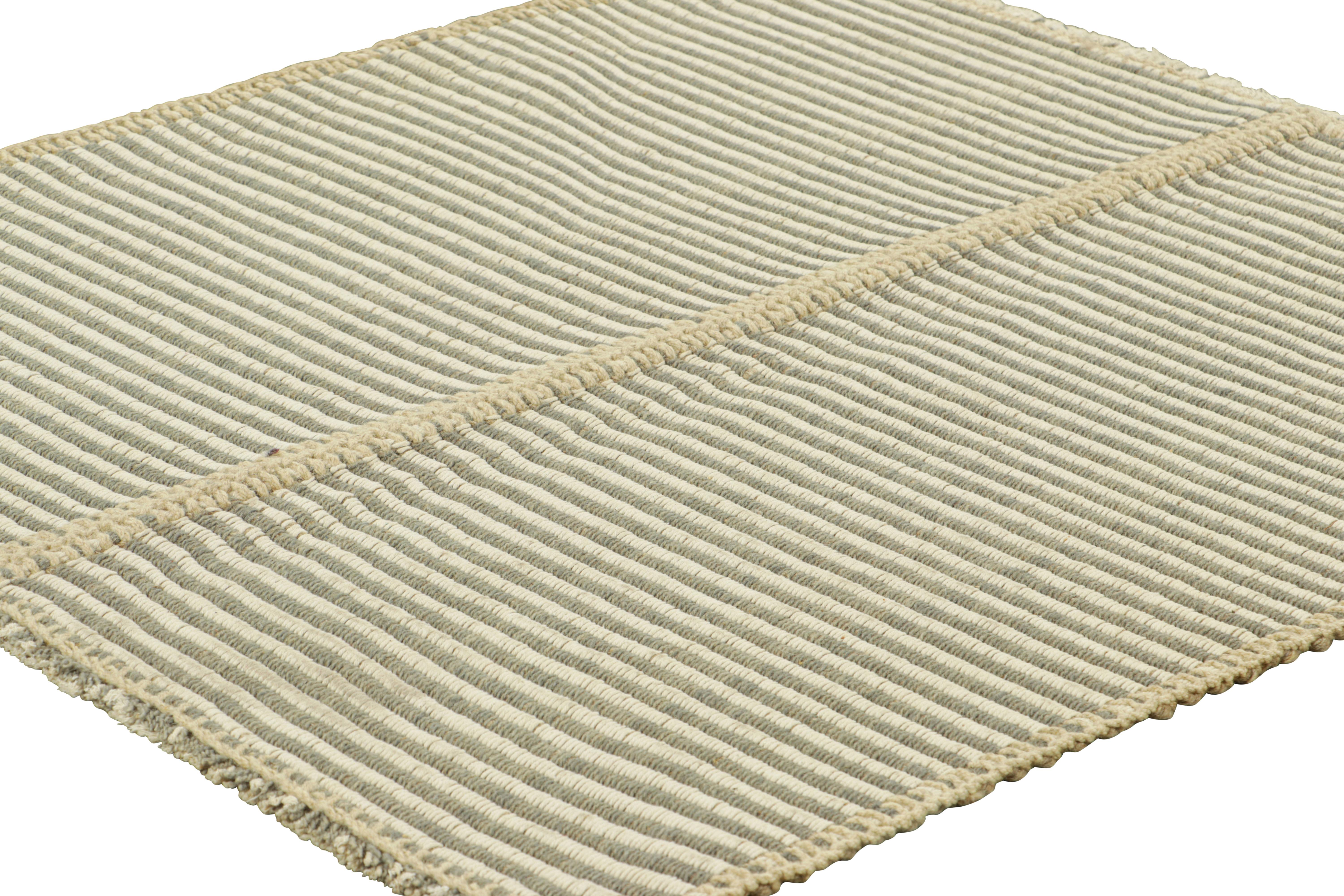 Afghan Rug & Kilim’s Contemporary Kilim with Textural Cream White and Black Stripes For Sale