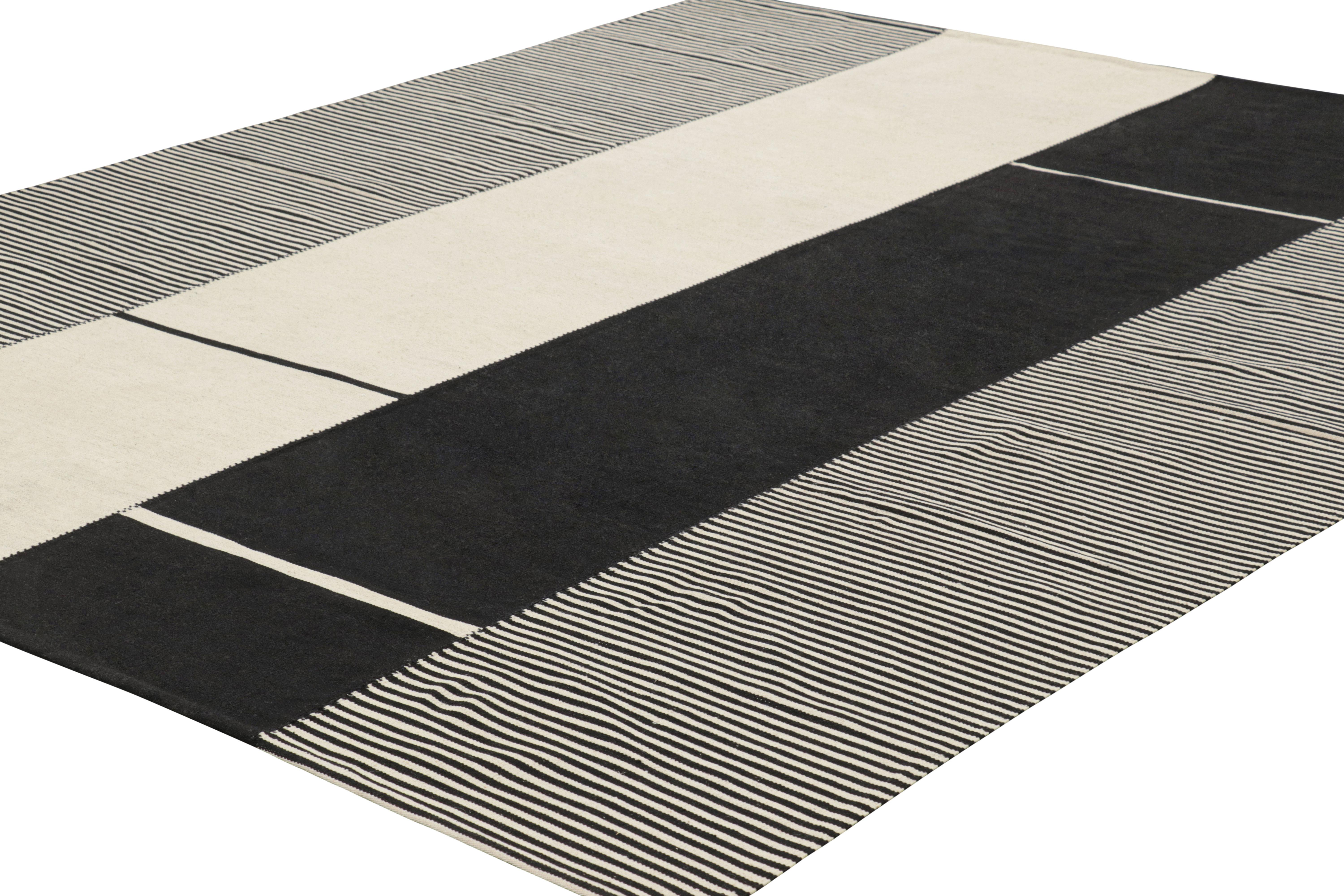 Hand-Woven Rug & Kilim’s Contemporary Kilim with Textural Cream White and Black Stripes For Sale