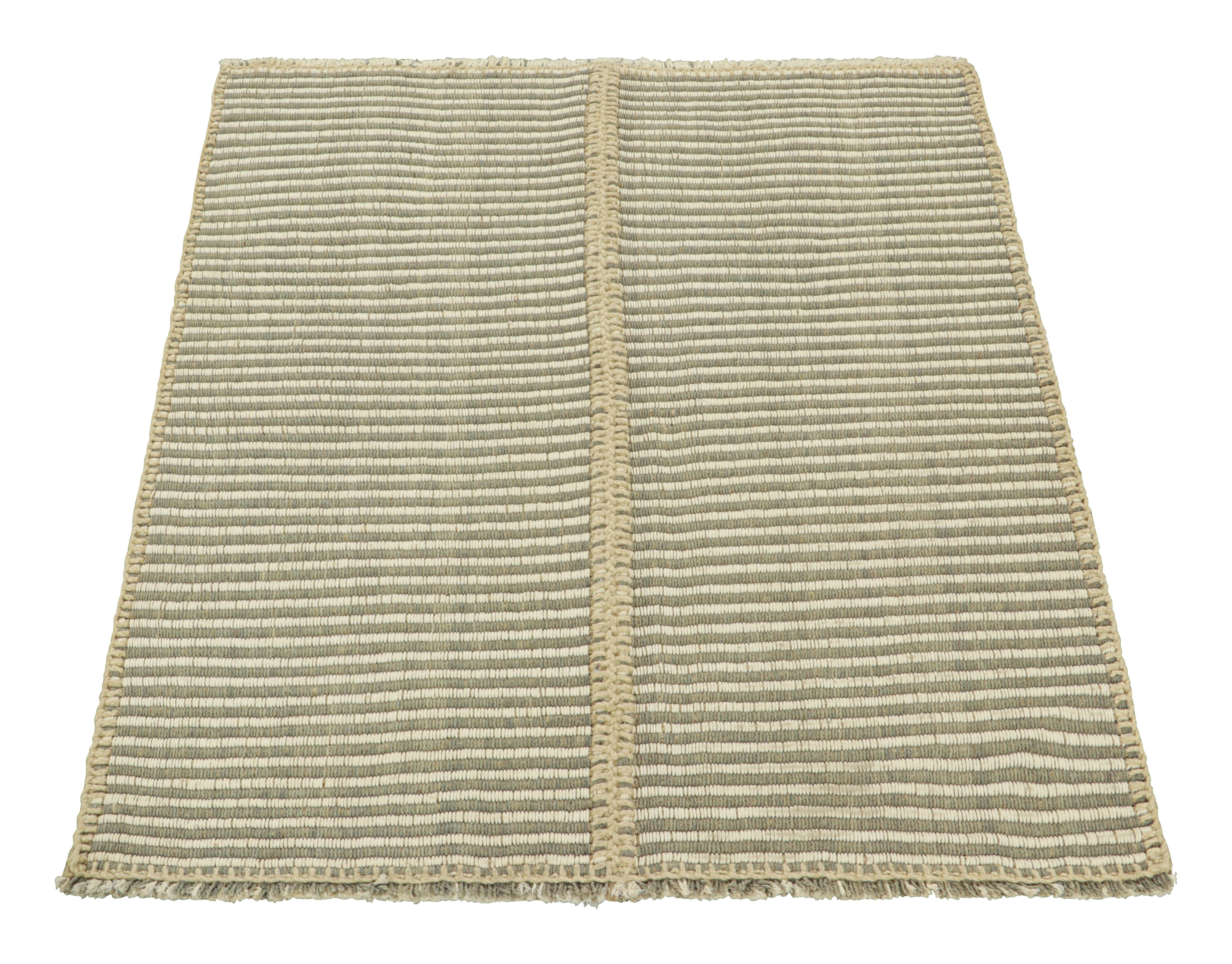 Hand-Woven Rug & Kilim’s Contemporary Kilim with Textural Cream White and Black Stripes For Sale