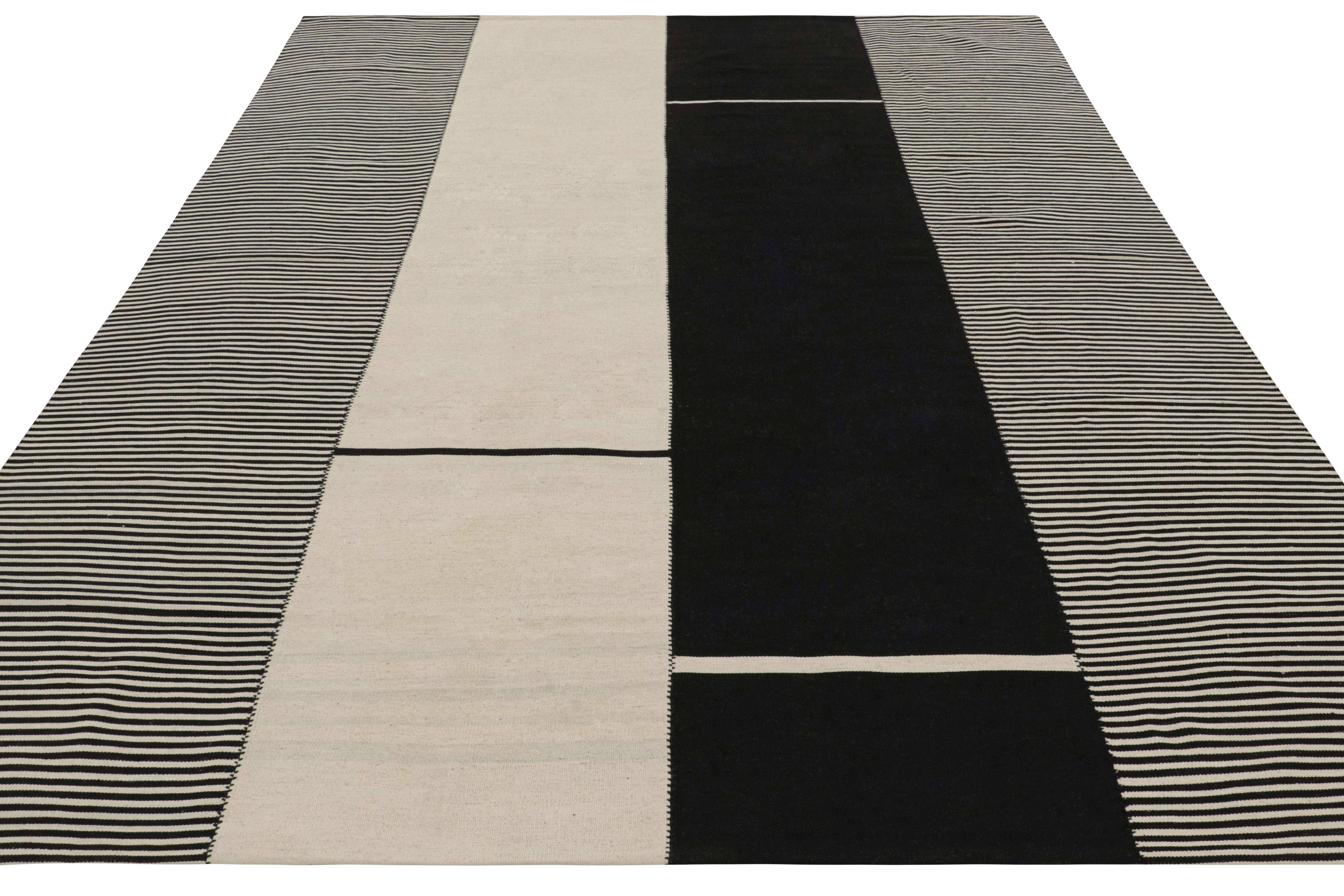 Rug & Kilim’s Contemporary Kilim with Textural Cream White and Black Stripes In New Condition For Sale In Long Island City, NY