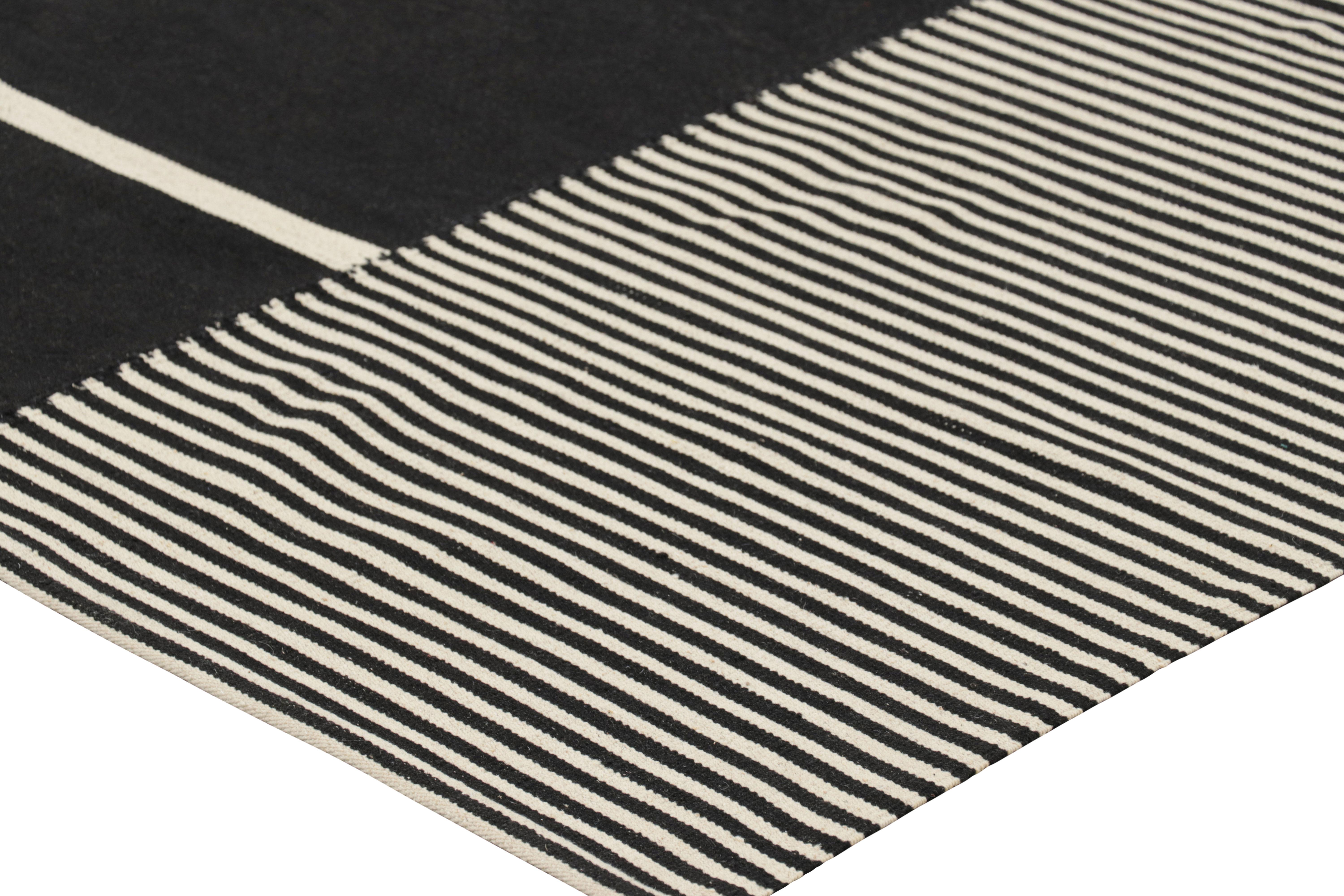 Wool Rug & Kilim’s Contemporary Kilim with Textural Cream White and Black Stripes For Sale