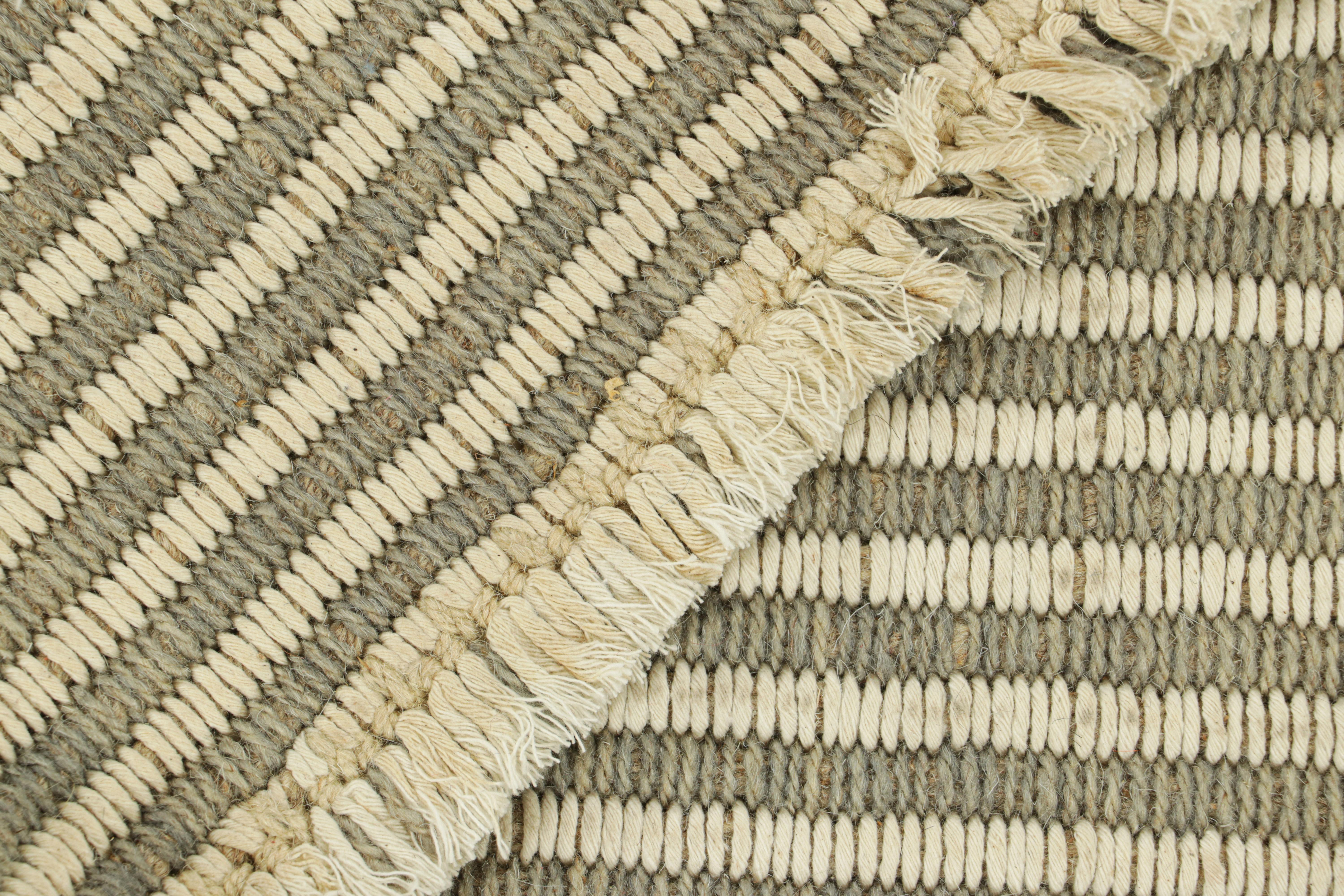 Wool Rug & Kilim’s Contemporary Kilim with Textural Cream White and Black Stripes For Sale
