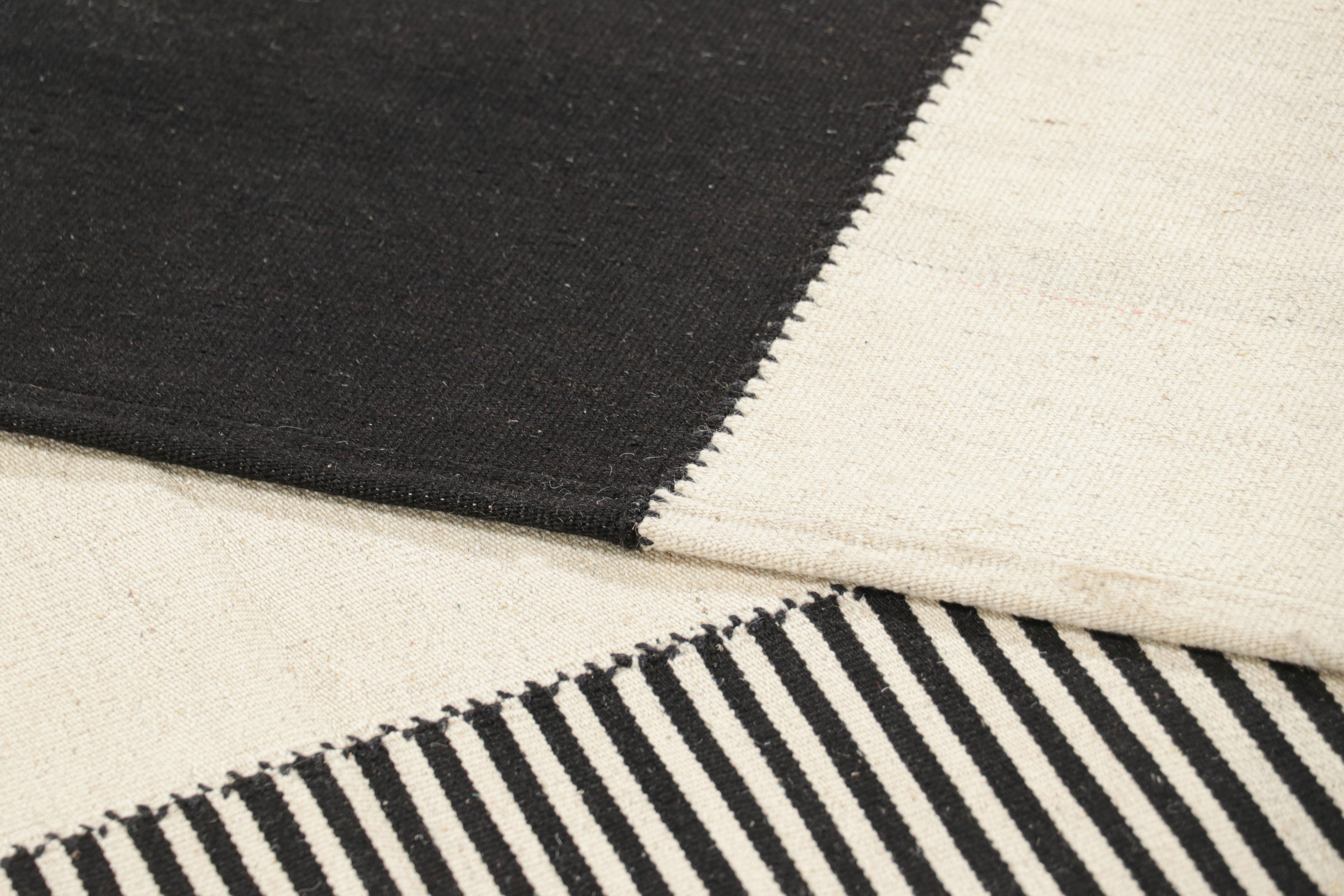 Rug & Kilim’s Contemporary Kilim with Textural Cream White and Black Stripes For Sale 1