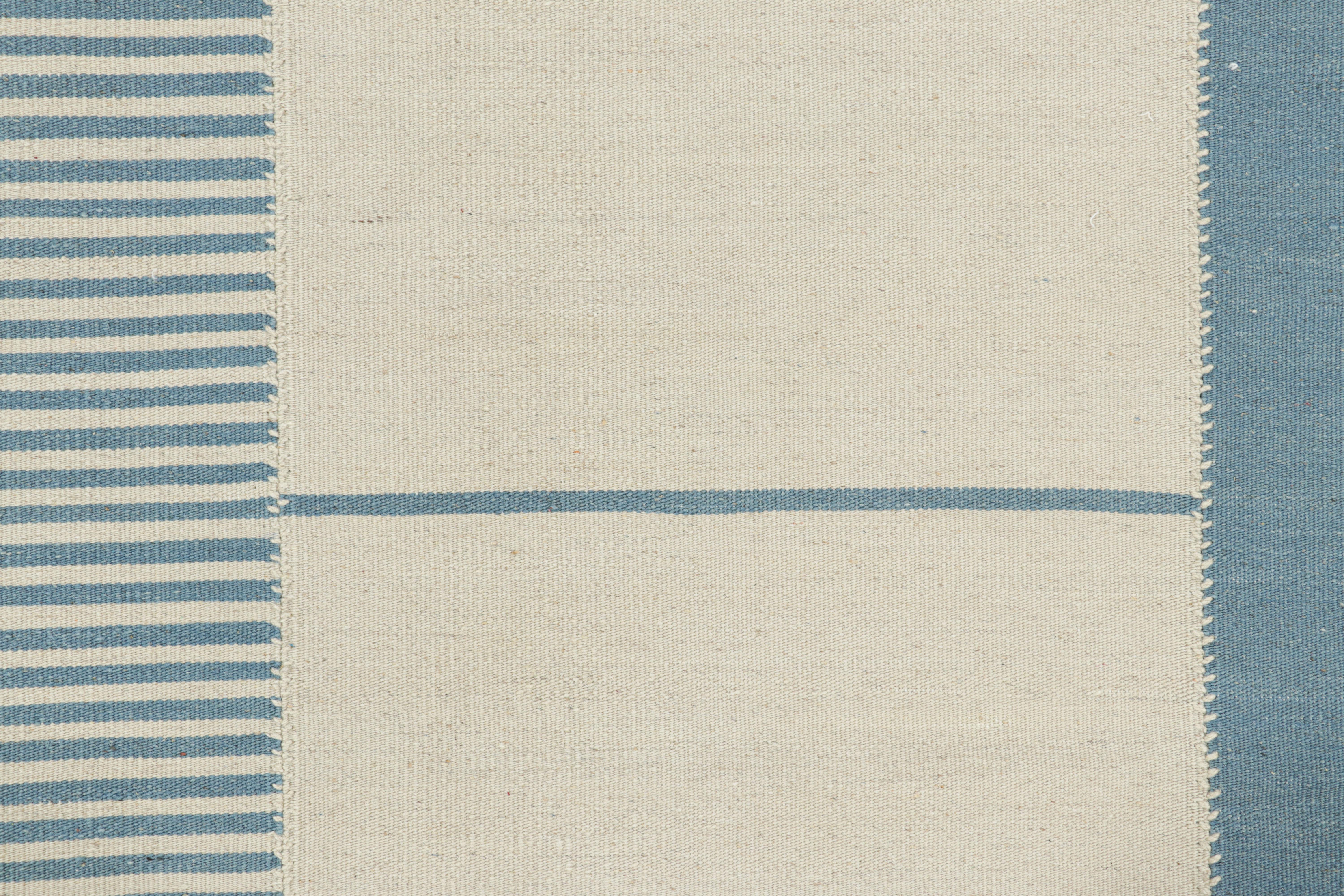 Afghan Rug & Kilim’s Contemporary Kilim with Textural Cream White and Blue Stripes For Sale