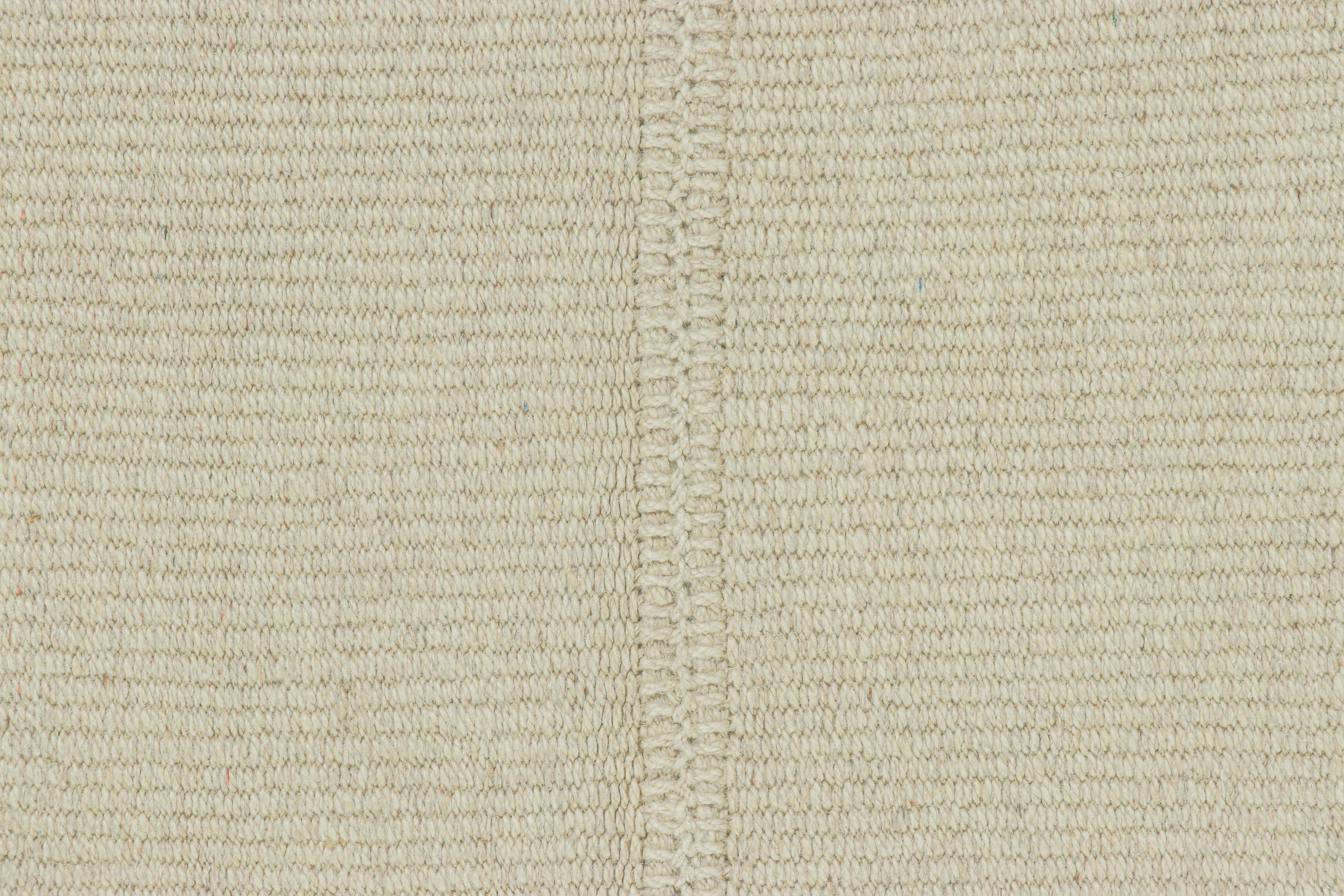 Afghan Rug & Kilim’s Contemporary Kilim with Textural Cream White and Blue Stripes For Sale