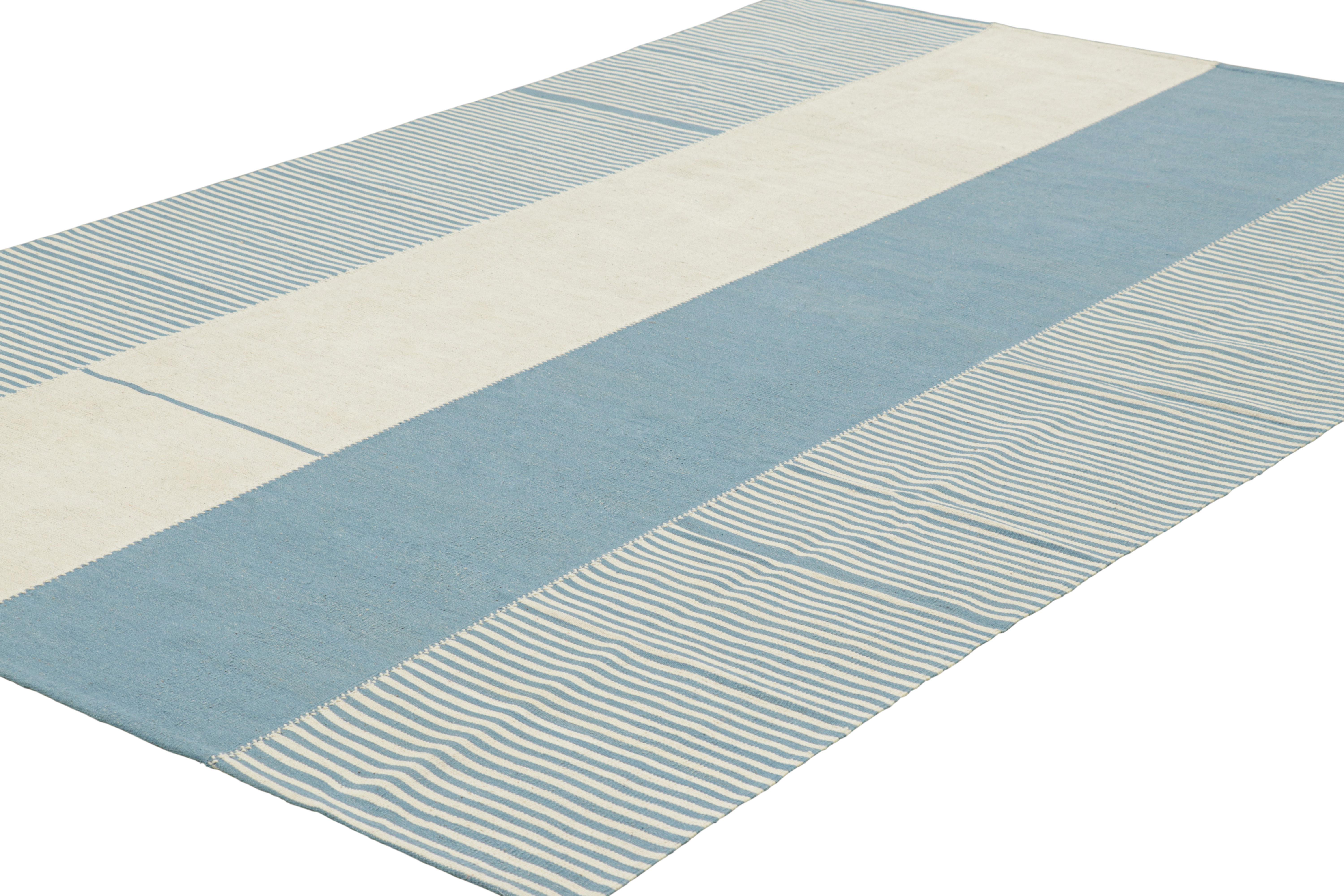 Hand-Woven Rug & Kilim’s Contemporary Kilim with Textural Cream White and Blue Stripes For Sale