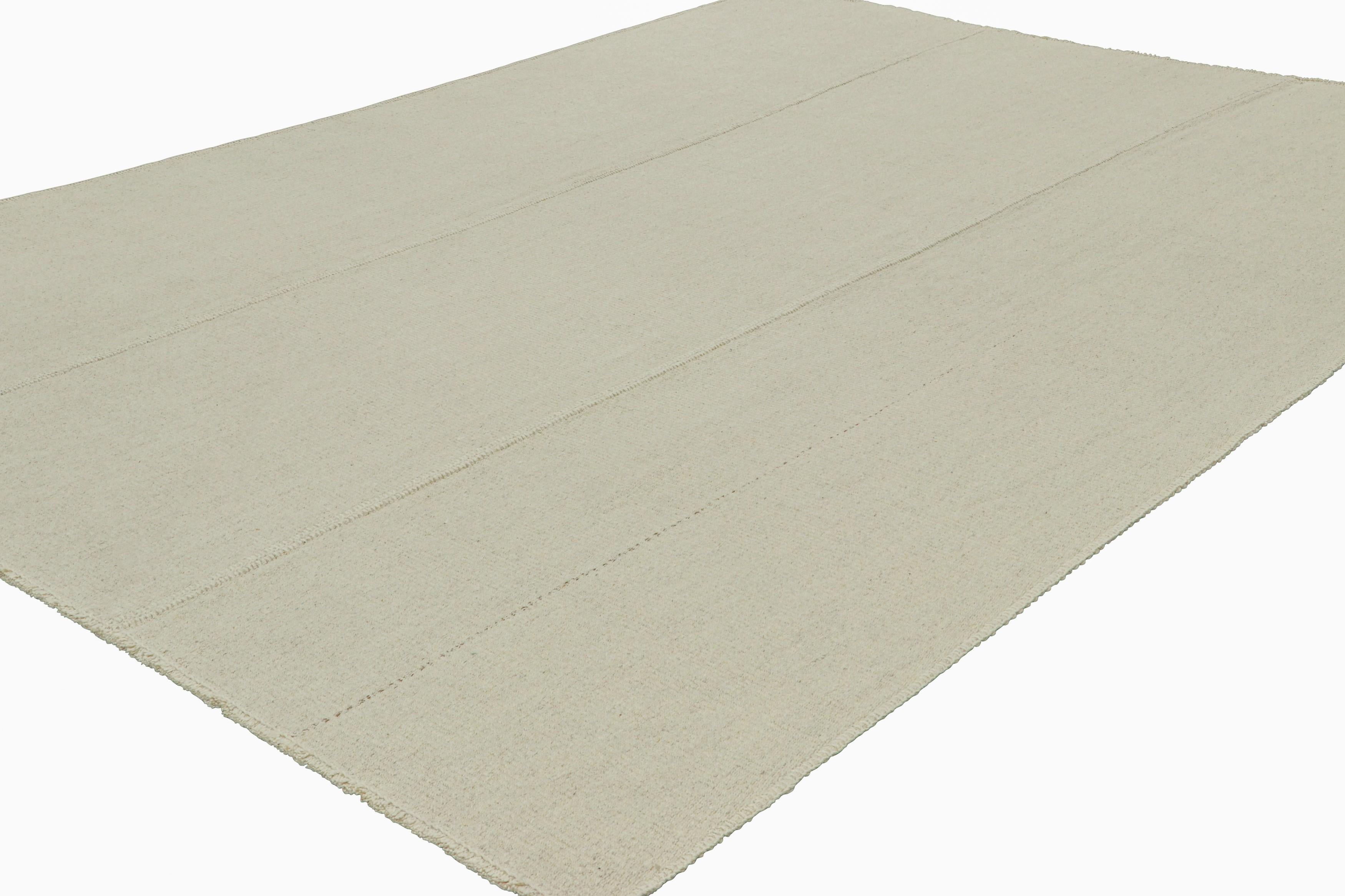Hand-Woven Rug & Kilim’s Contemporary Kilim with Textural Cream White and Blue Stripes For Sale