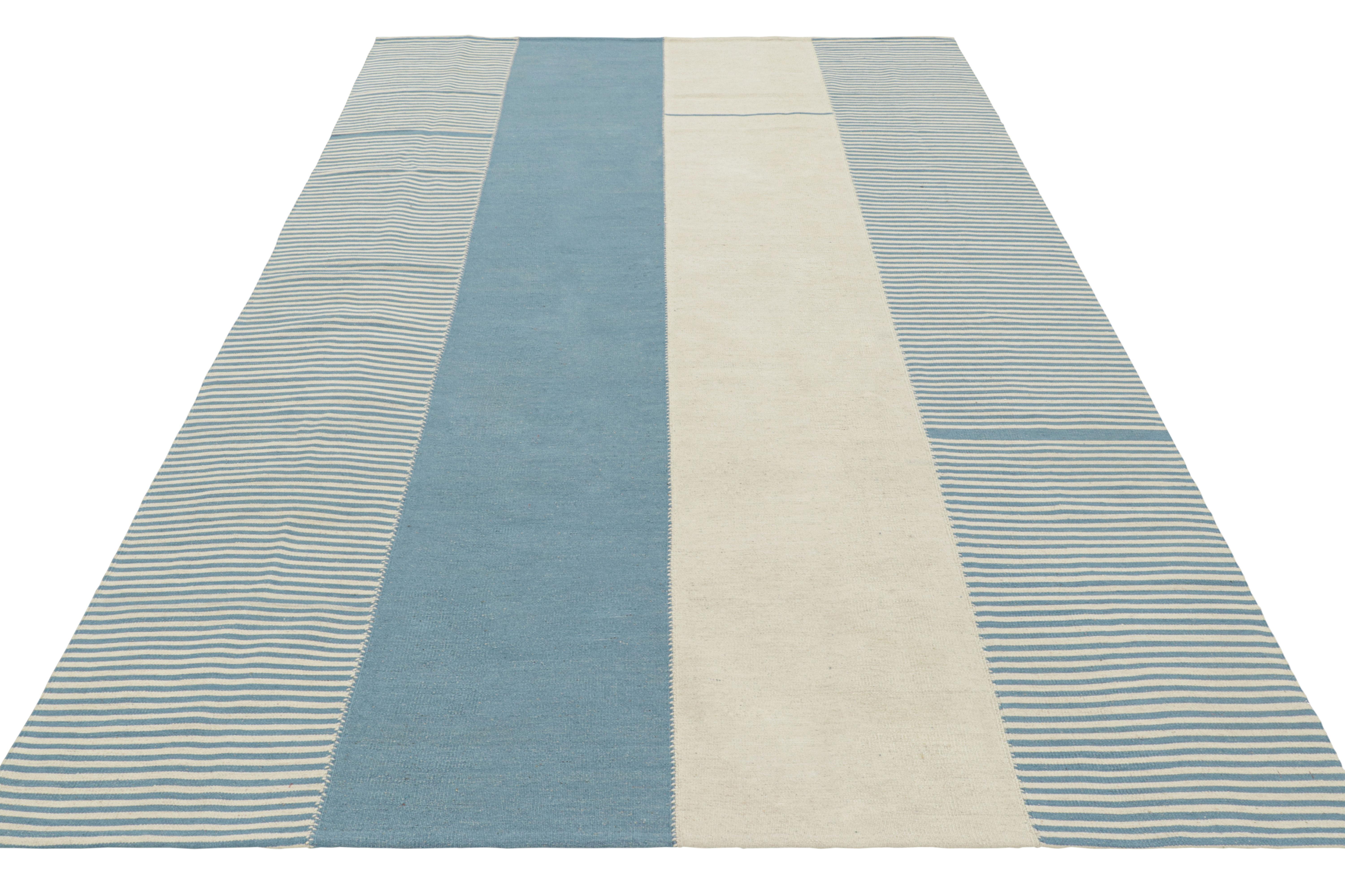 Rug & Kilim’s Contemporary Kilim with Textural Cream White and Blue Stripes In New Condition For Sale In Long Island City, NY