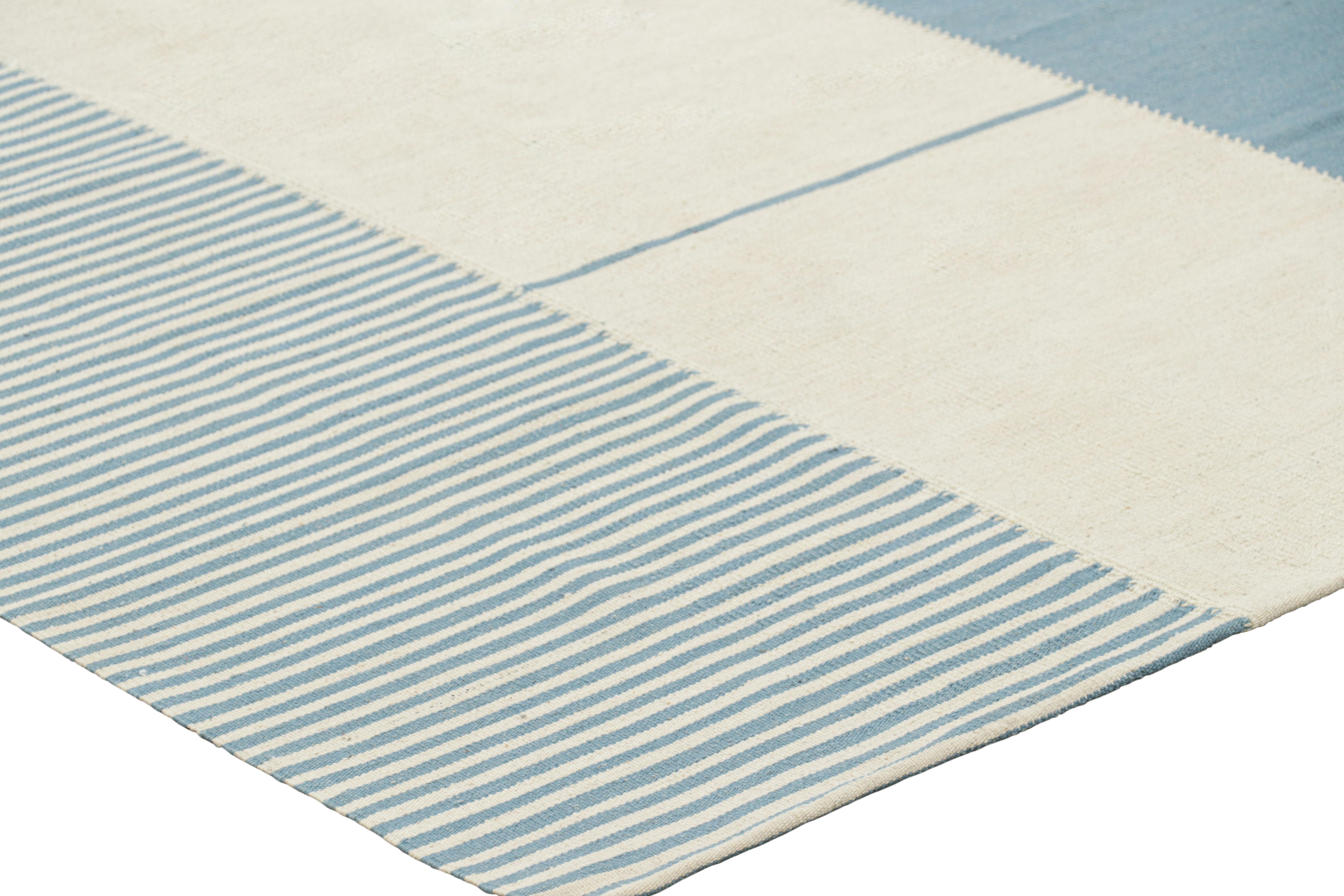 Wool Rug & Kilim’s Contemporary Kilim with Textural Cream White and Blue Stripes For Sale