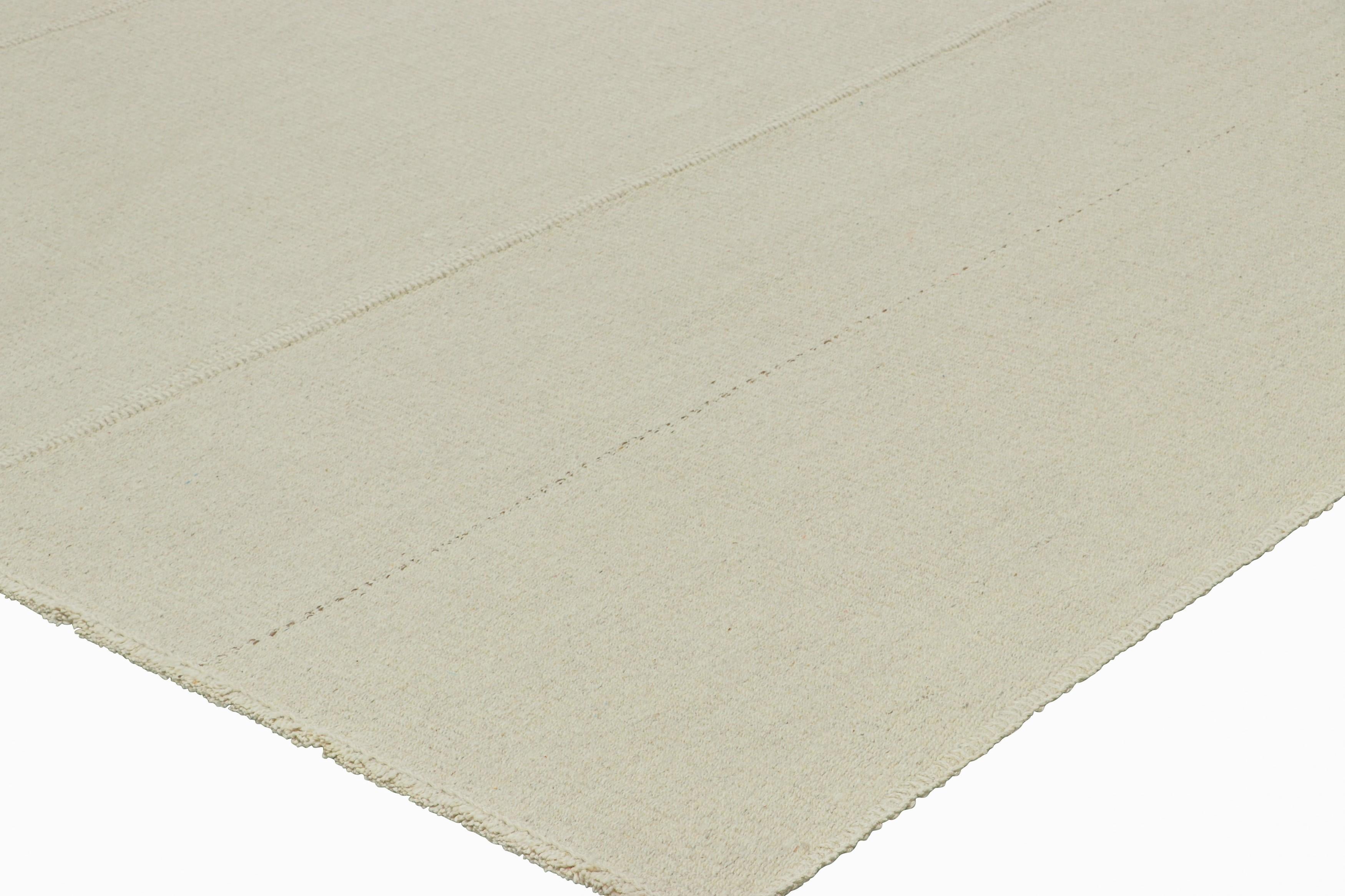 Wool Rug & Kilim’s Contemporary Kilim with Textural Cream White and Blue Stripes For Sale