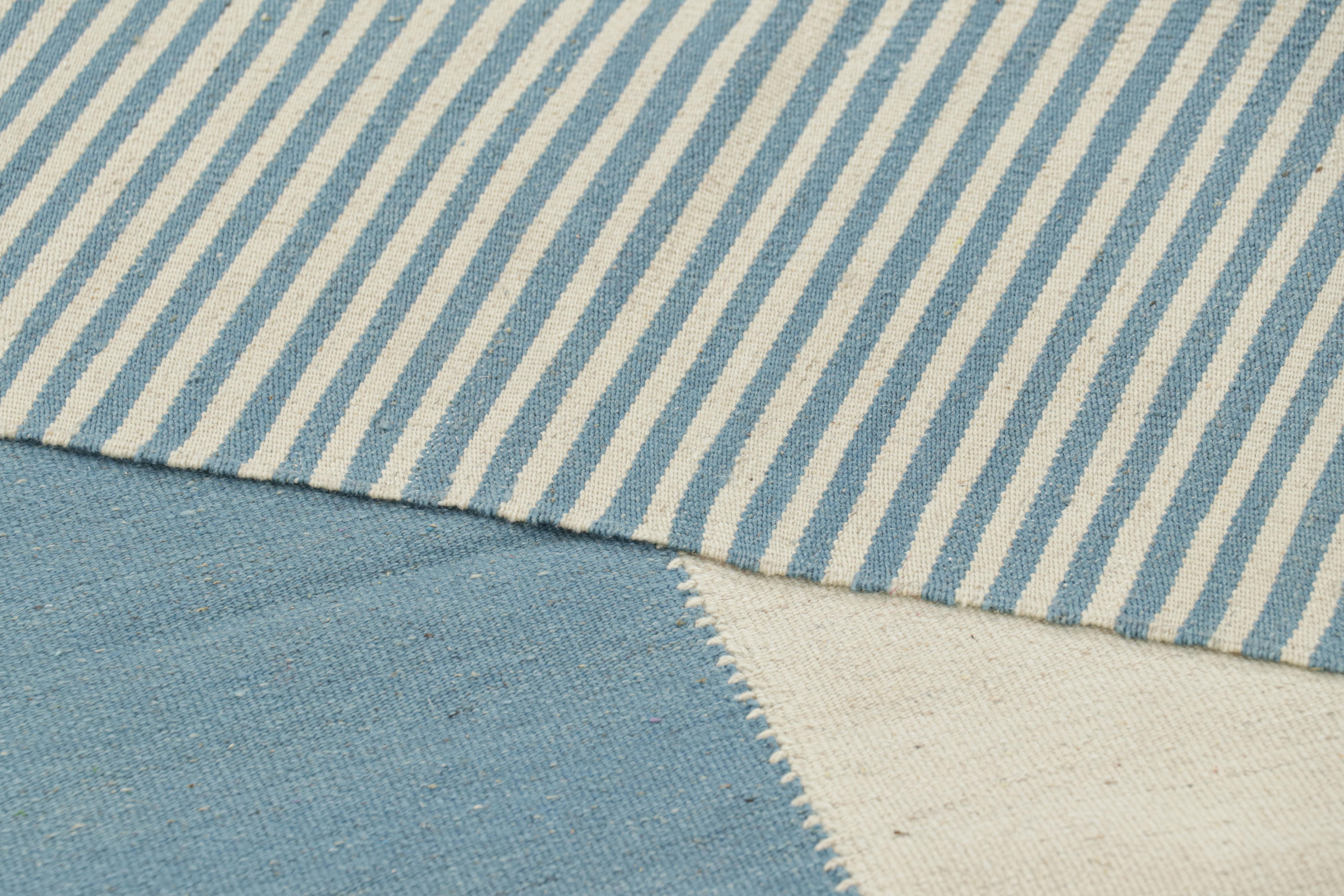 Rug & Kilim’s Contemporary Kilim with Textural Cream White and Blue Stripes For Sale 1