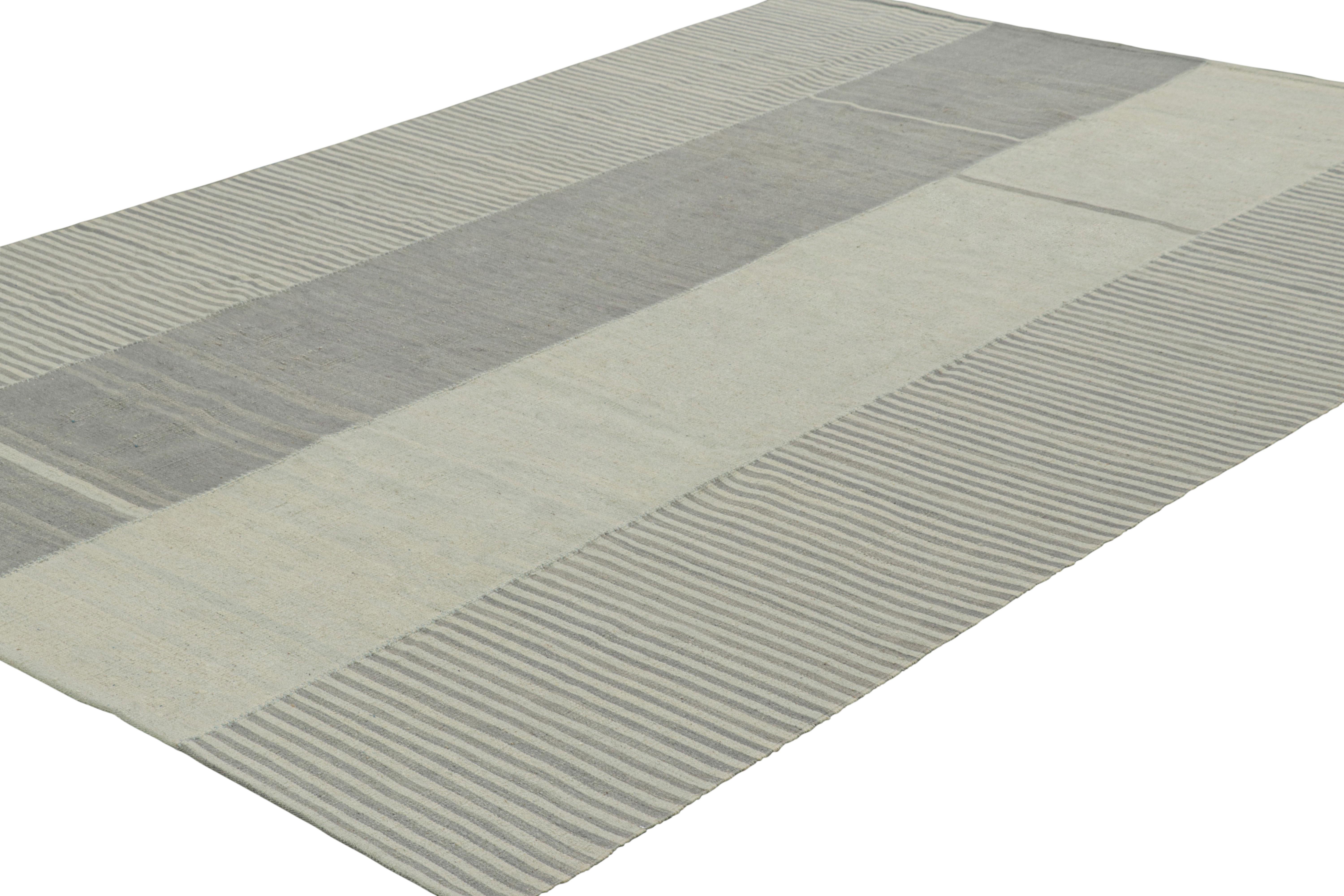 Hand-Woven Rug & Kilim’s Contemporary Kilim with Textural Gray, Cream and Blue Stripes For Sale