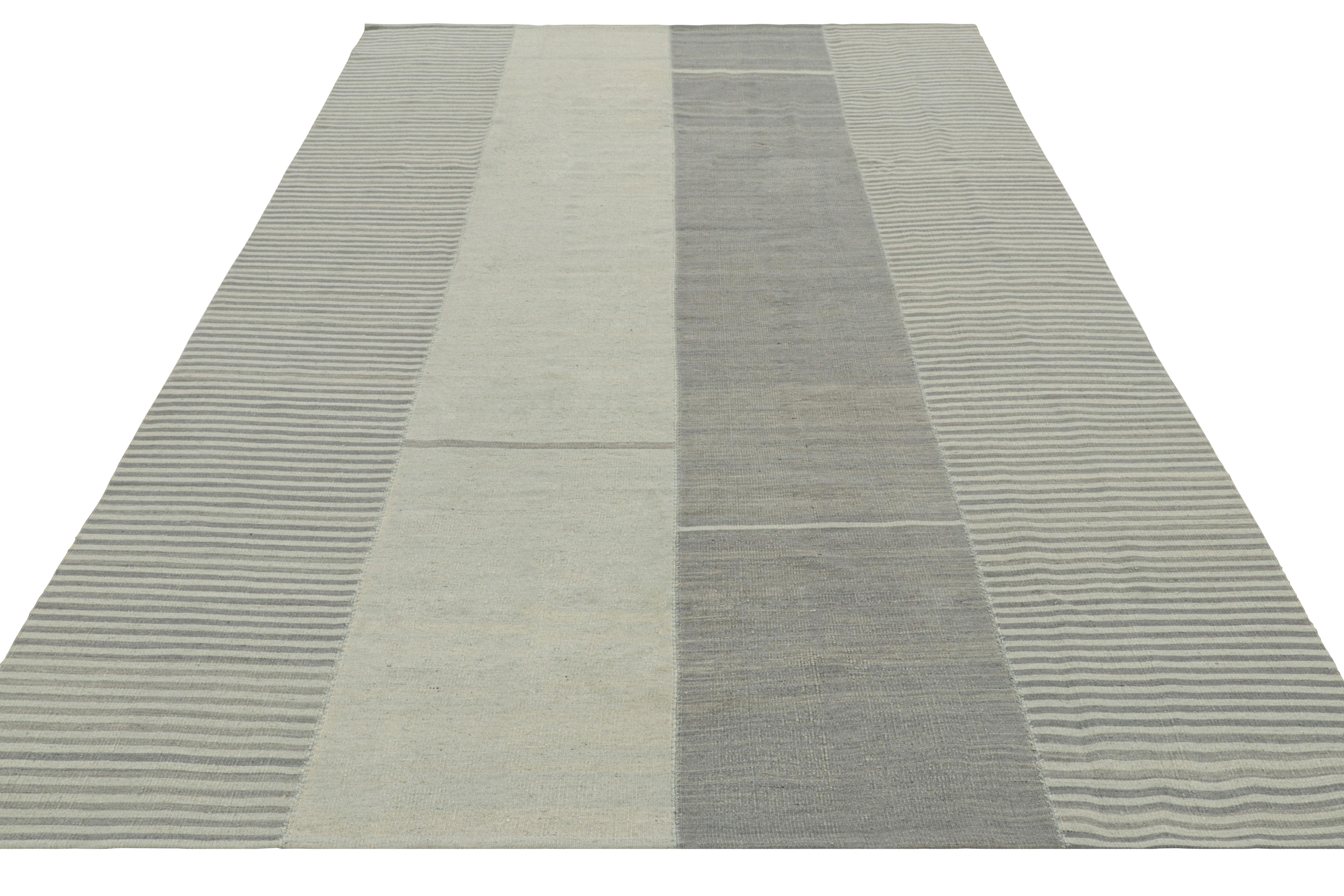 Rug & Kilim’s Contemporary Kilim with Textural Gray, Cream and Blue Stripes In New Condition For Sale In Long Island City, NY