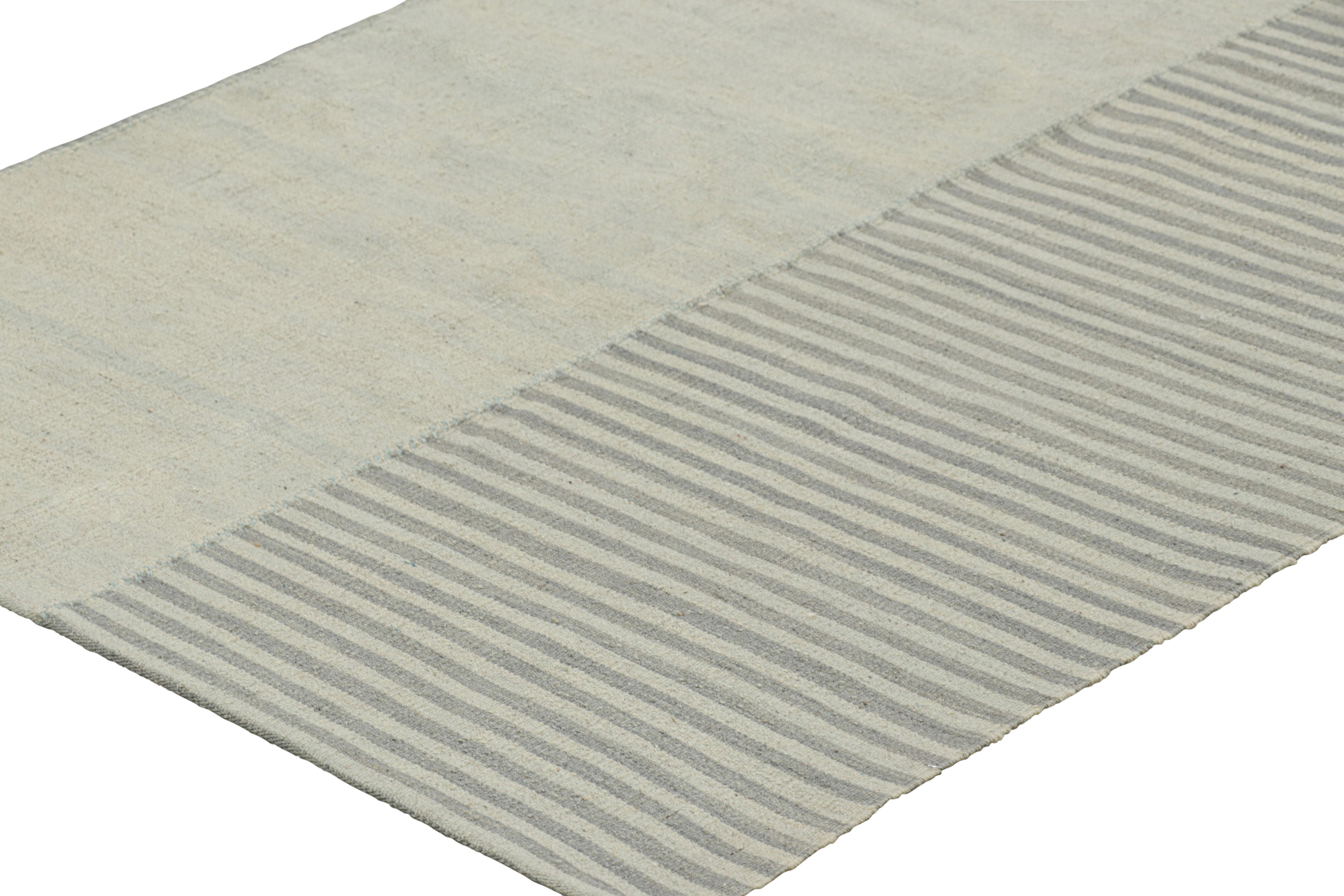 Wool Rug & Kilim’s Contemporary Kilim with Textural Gray, Cream and Blue Stripes For Sale