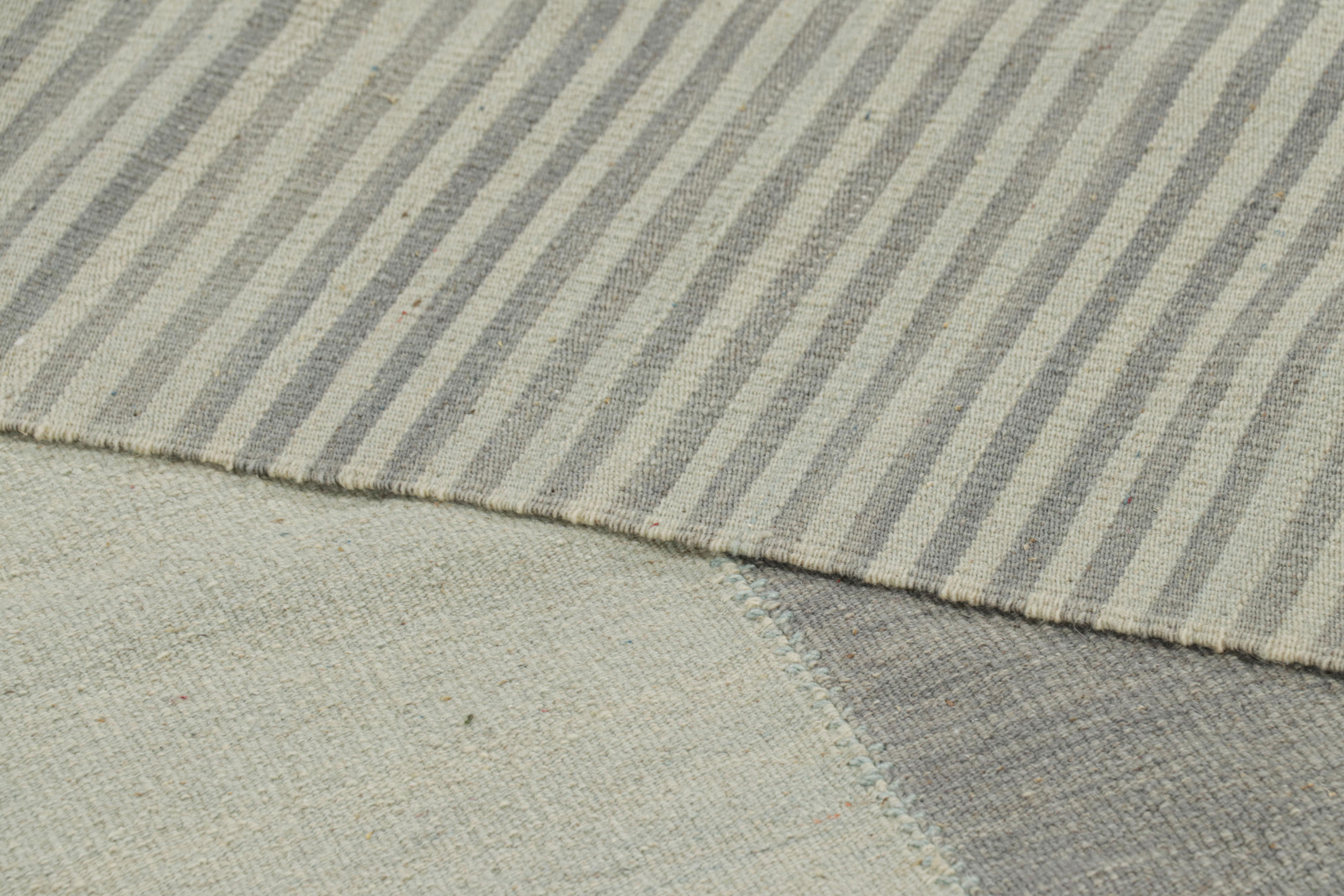 Rug & Kilim’s Contemporary Kilim with Textural Gray, Cream and Blue Stripes For Sale 1
