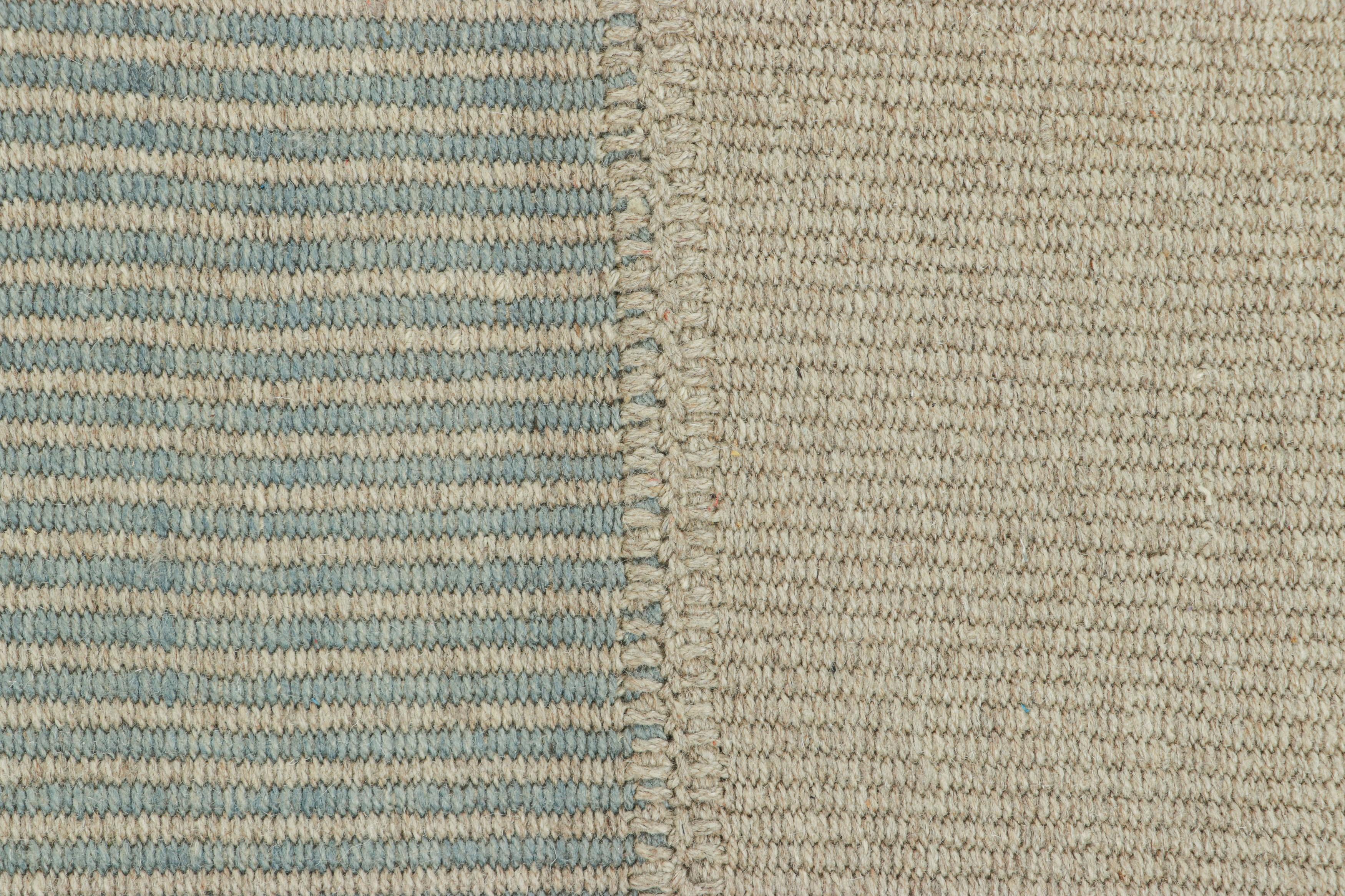 Afghan Rug & Kilim’s Contemporary Kilim with Textural Sky Blue and Cream Stripes For Sale