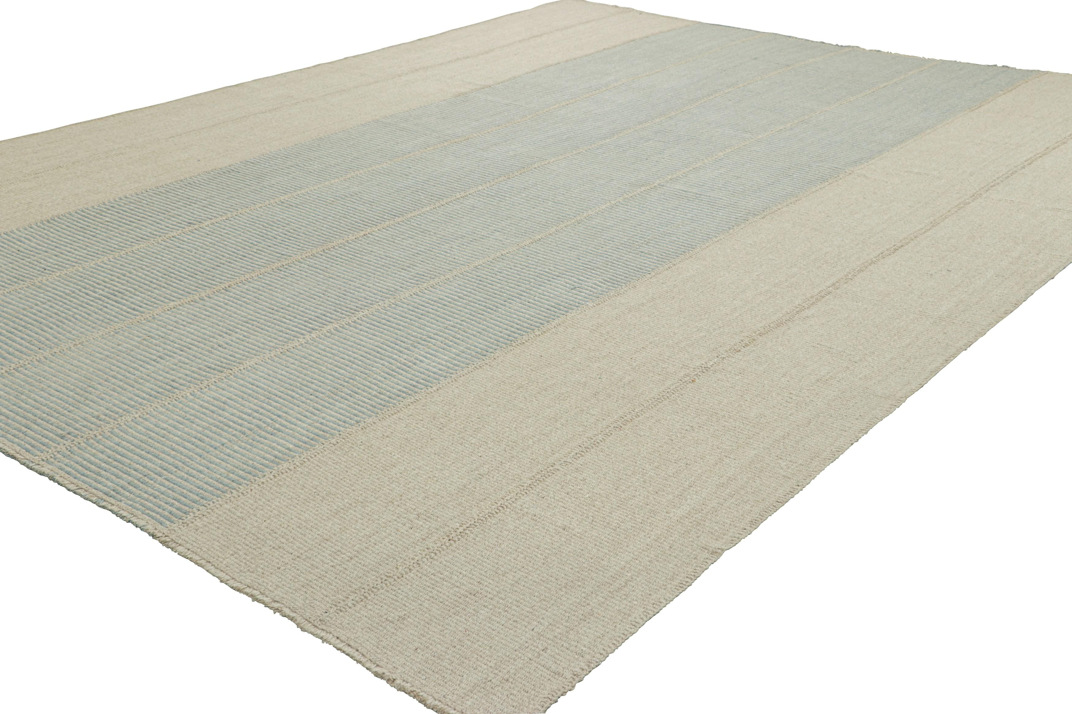 Hand-Woven Rug & Kilim’s Contemporary Kilim with Textural Sky Blue and Cream Stripes For Sale