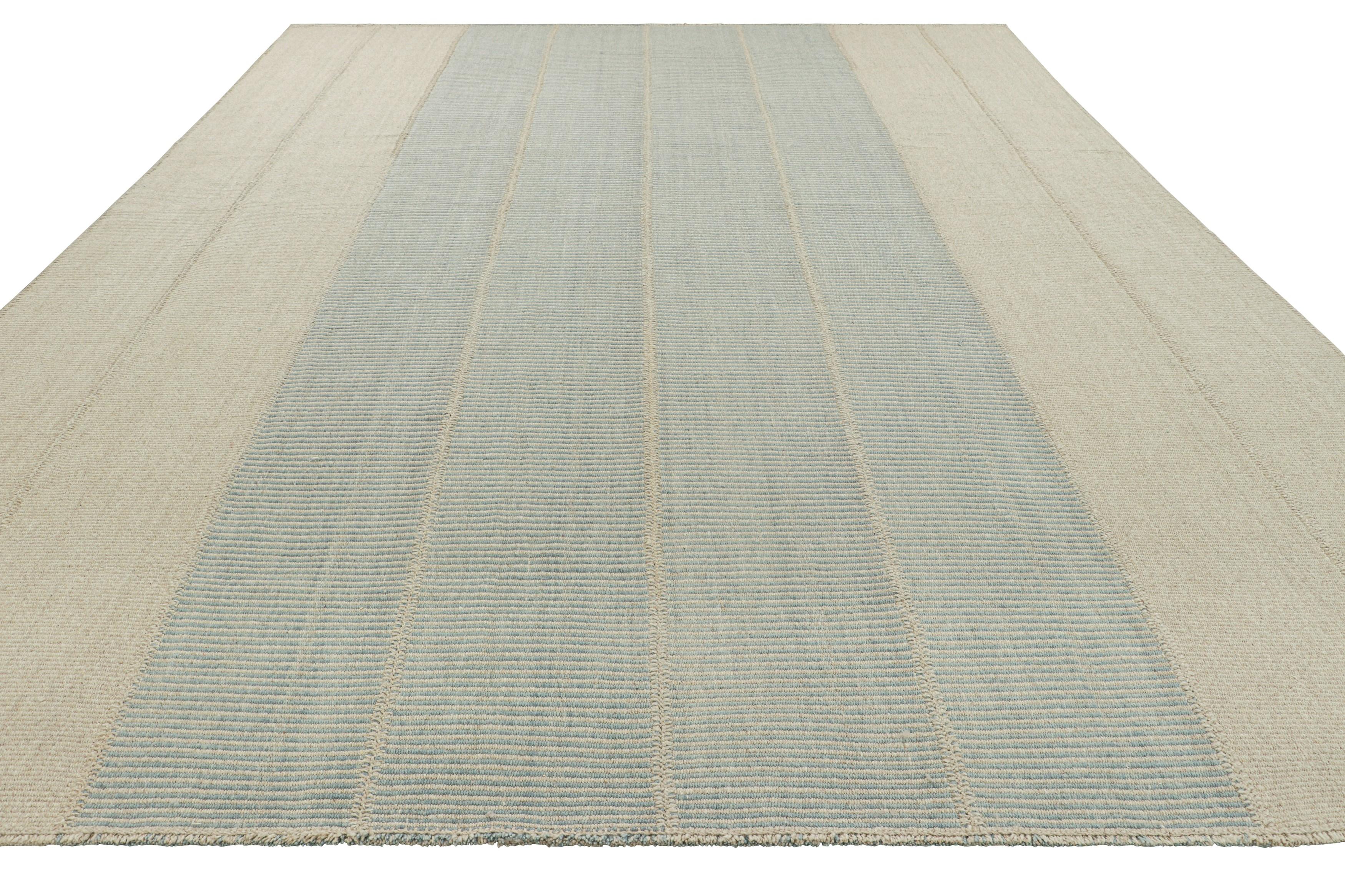 Rug & Kilim’s Contemporary Kilim with Textural Sky Blue and Cream Stripes In New Condition For Sale In Long Island City, NY