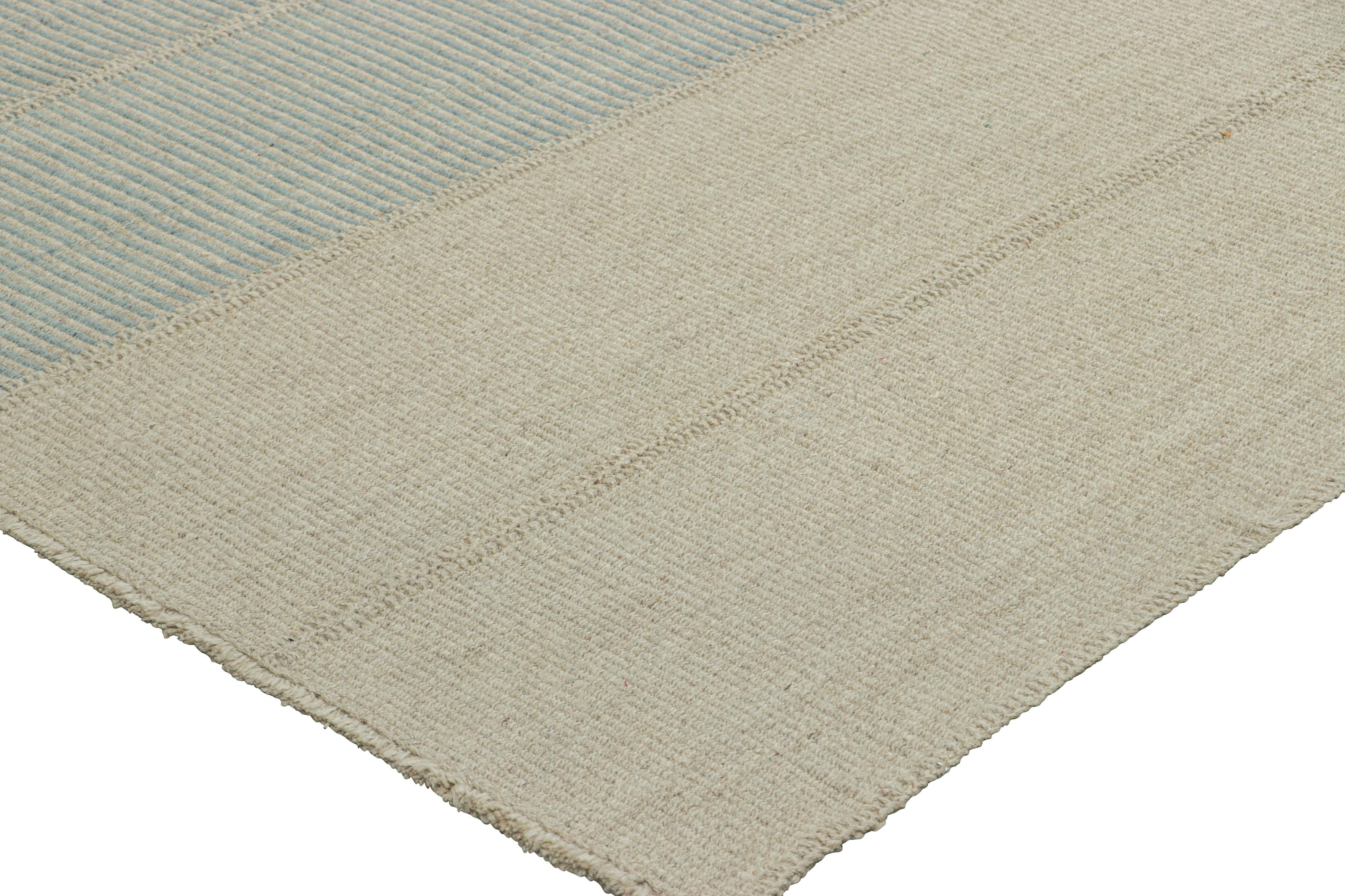 Wool Rug & Kilim’s Contemporary Kilim with Textural Sky Blue and Cream Stripes For Sale