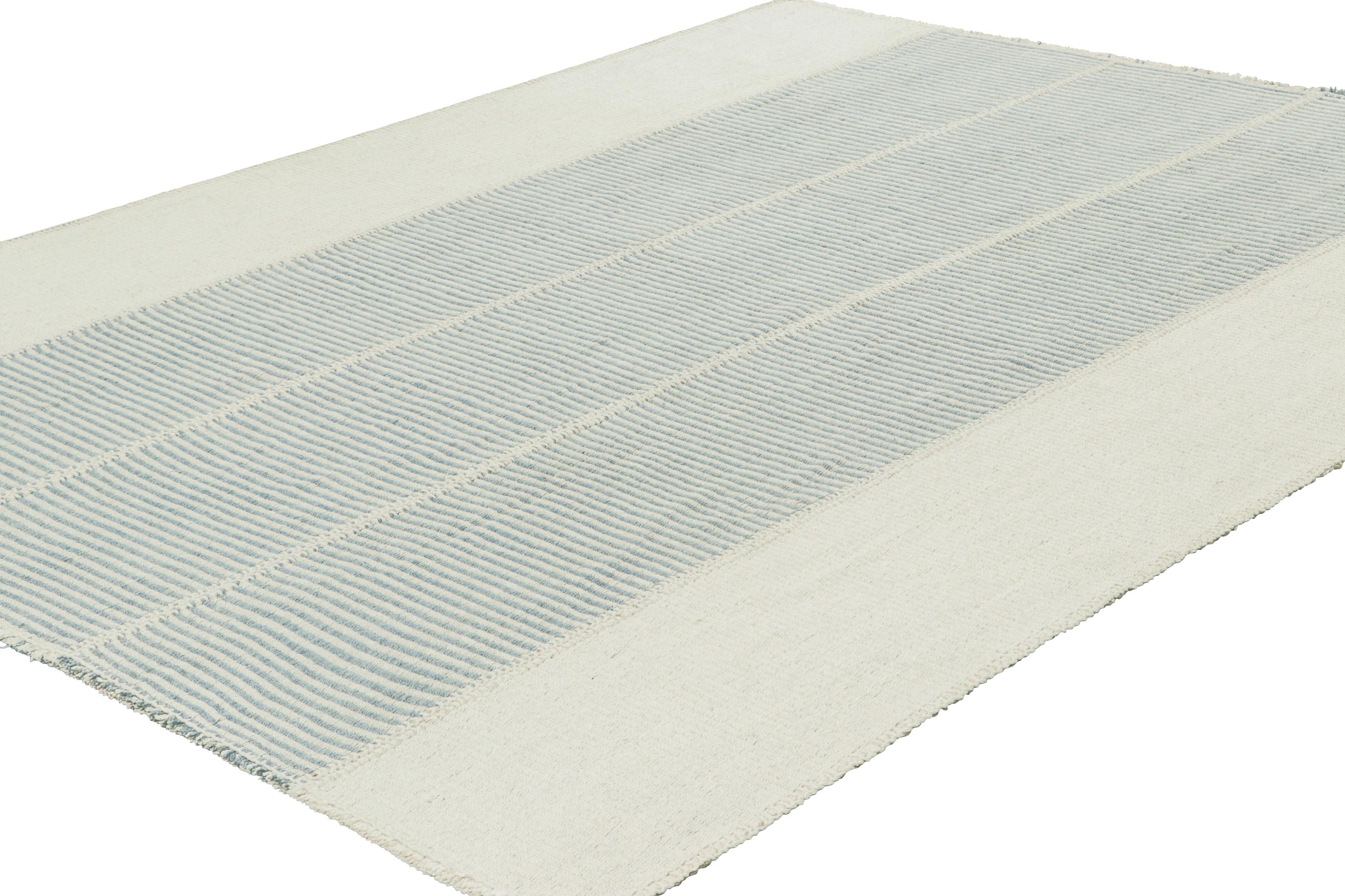Hand-Woven Rug & Kilim’s Contemporary Kilim with Textural Stripes in Beige, Cream and Blue For Sale