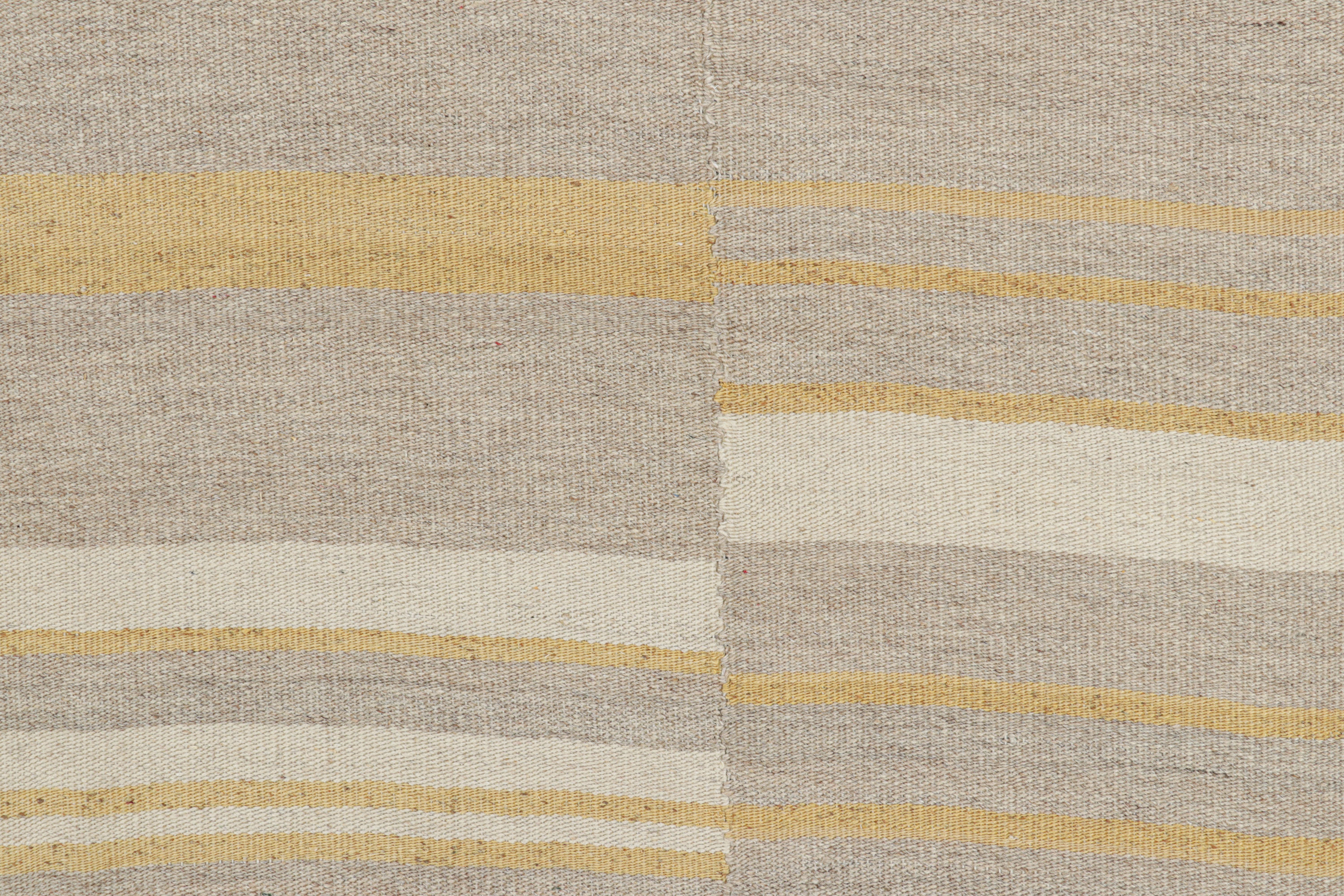 Afghan Rug & Kilim’s Contemporary Kilim with Textural Taupe, Cream and Gold Stripes For Sale
