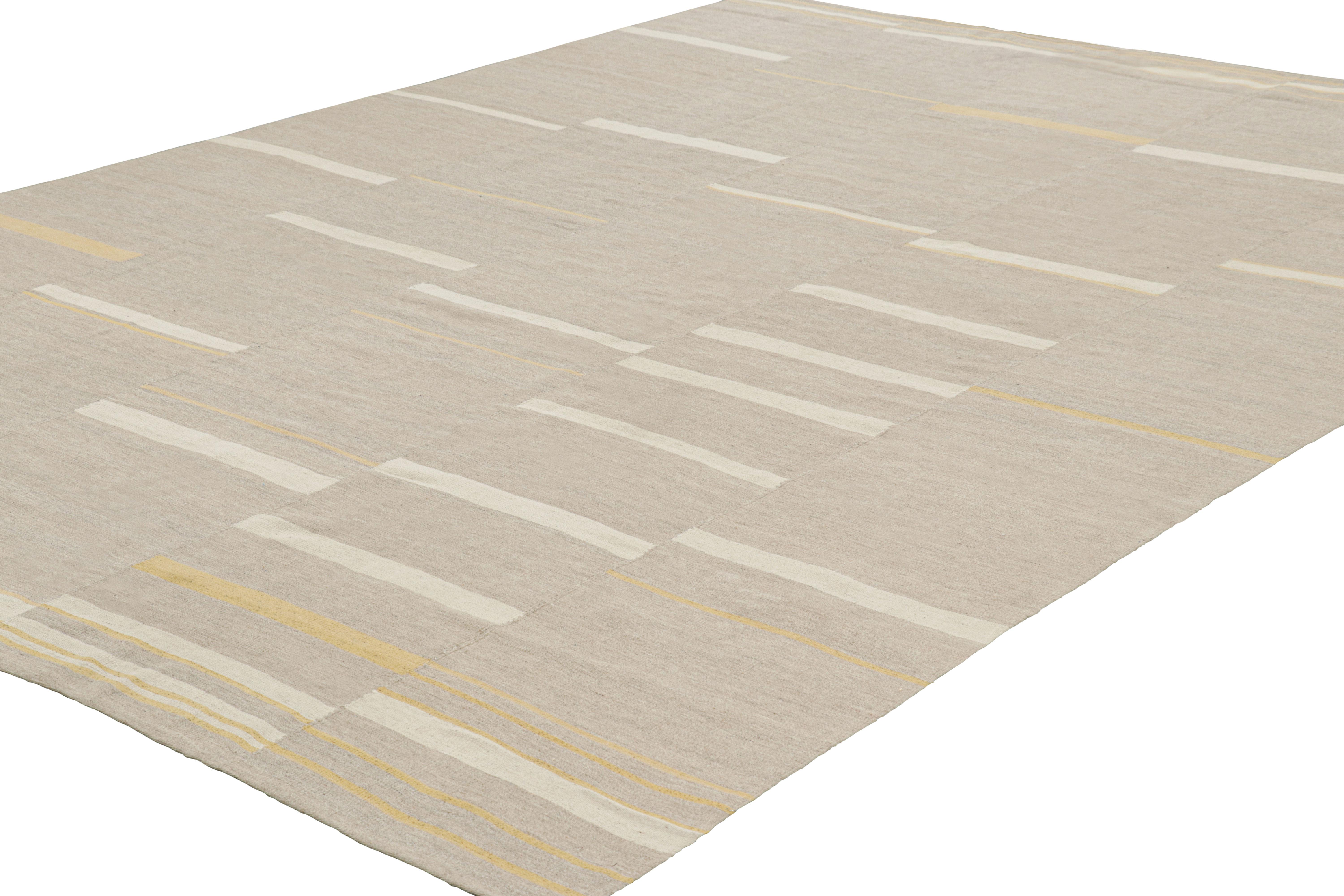 Hand-Woven Rug & Kilim’s Contemporary Kilim with Textural Taupe, Cream and Gold Stripes For Sale