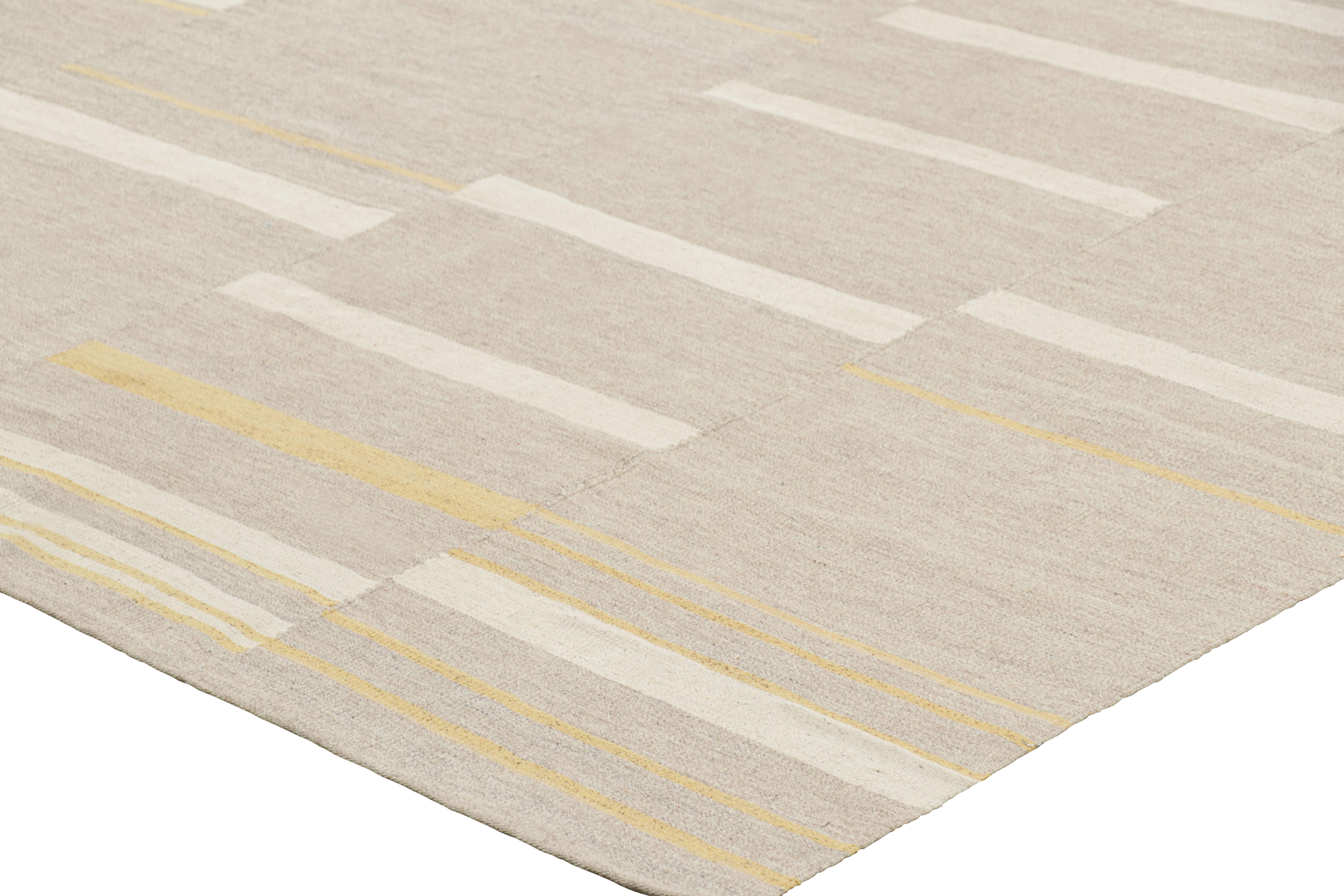 Wool Rug & Kilim’s Contemporary Kilim with Textural Taupe, Cream and Gold Stripes For Sale