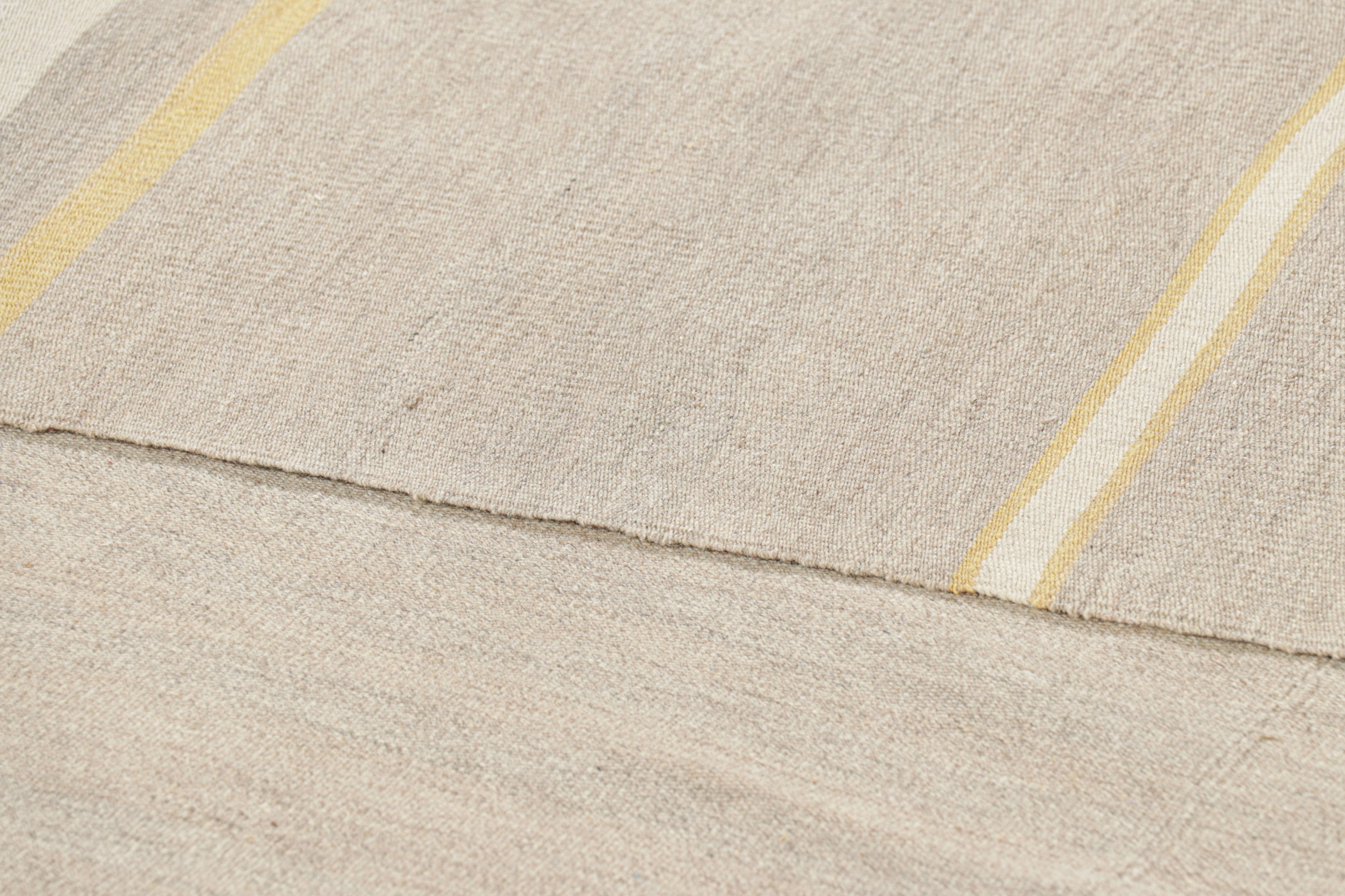 Rug & Kilim’s Contemporary Kilim with Textural Taupe, Cream and Gold Stripes For Sale 1