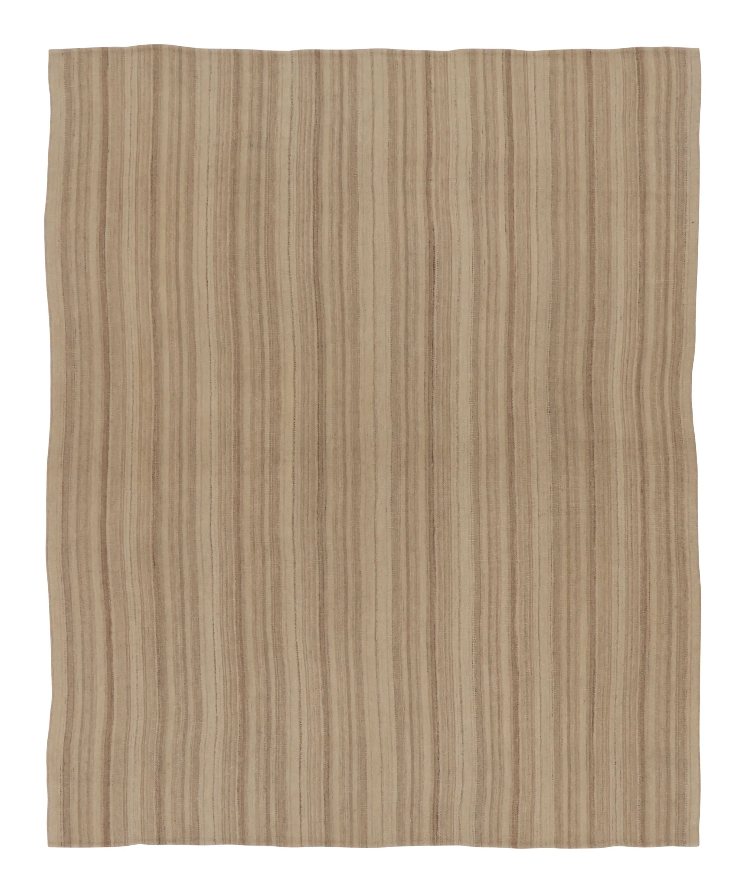 Rug & Kilim’s Contemporary Minimal Rez Kilim in Brown Textural Stripes