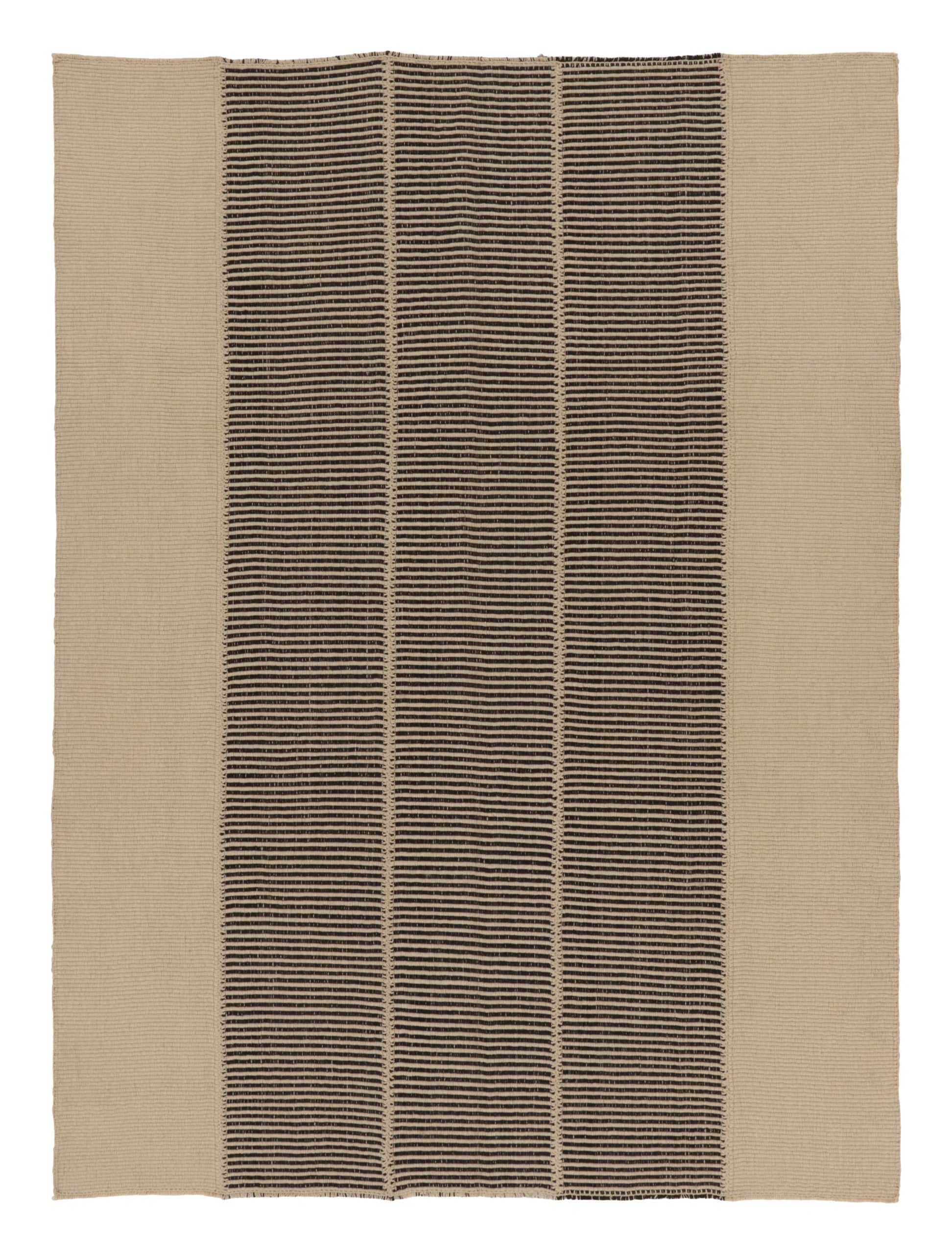 Rug & Kilim's Contemporary Minimalist Rez Kilim with Black & Beige Stripes