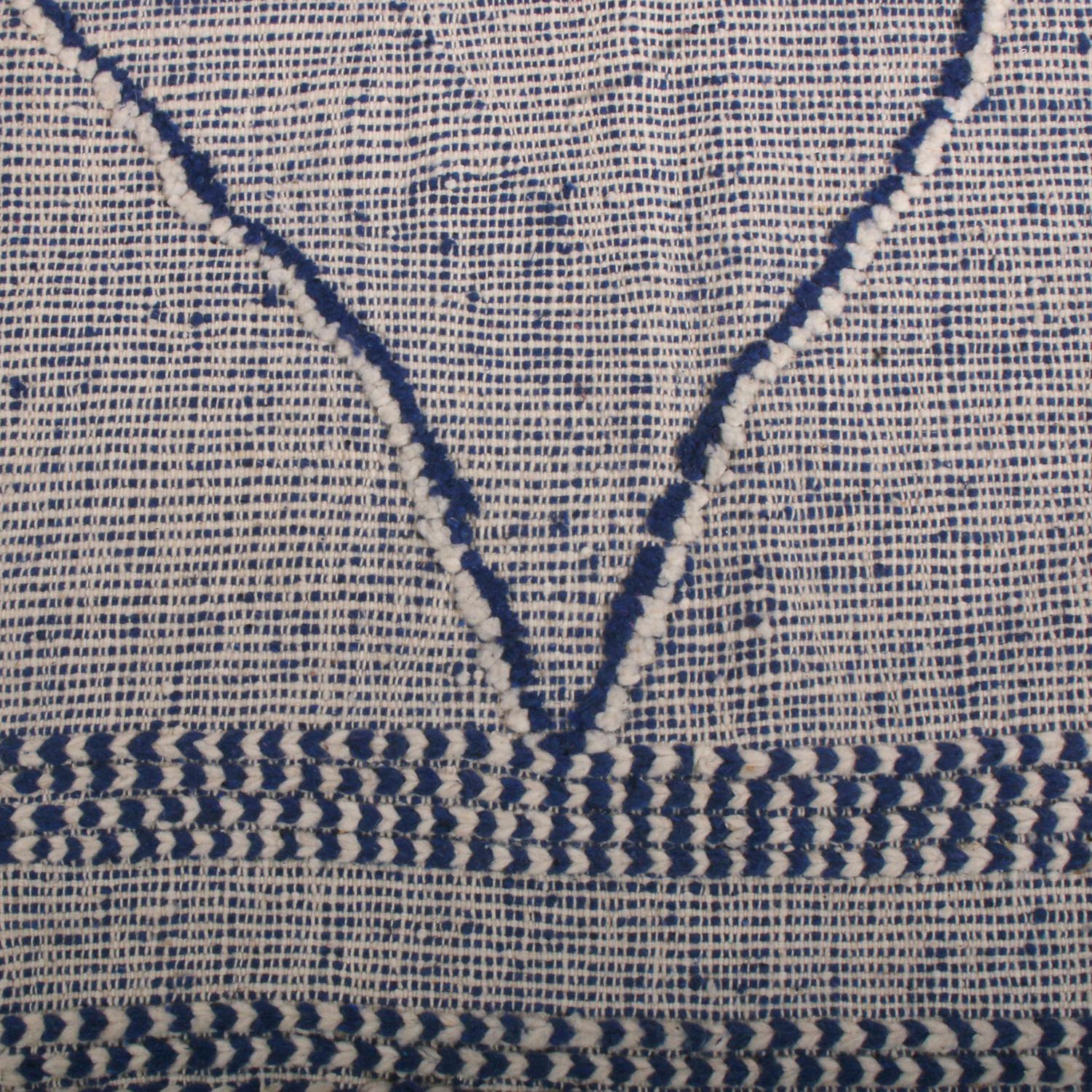 Hand-Knotted Rug & Kilim's Contemporary Moroccan Berber Style Geometric White and Blue Rug For Sale