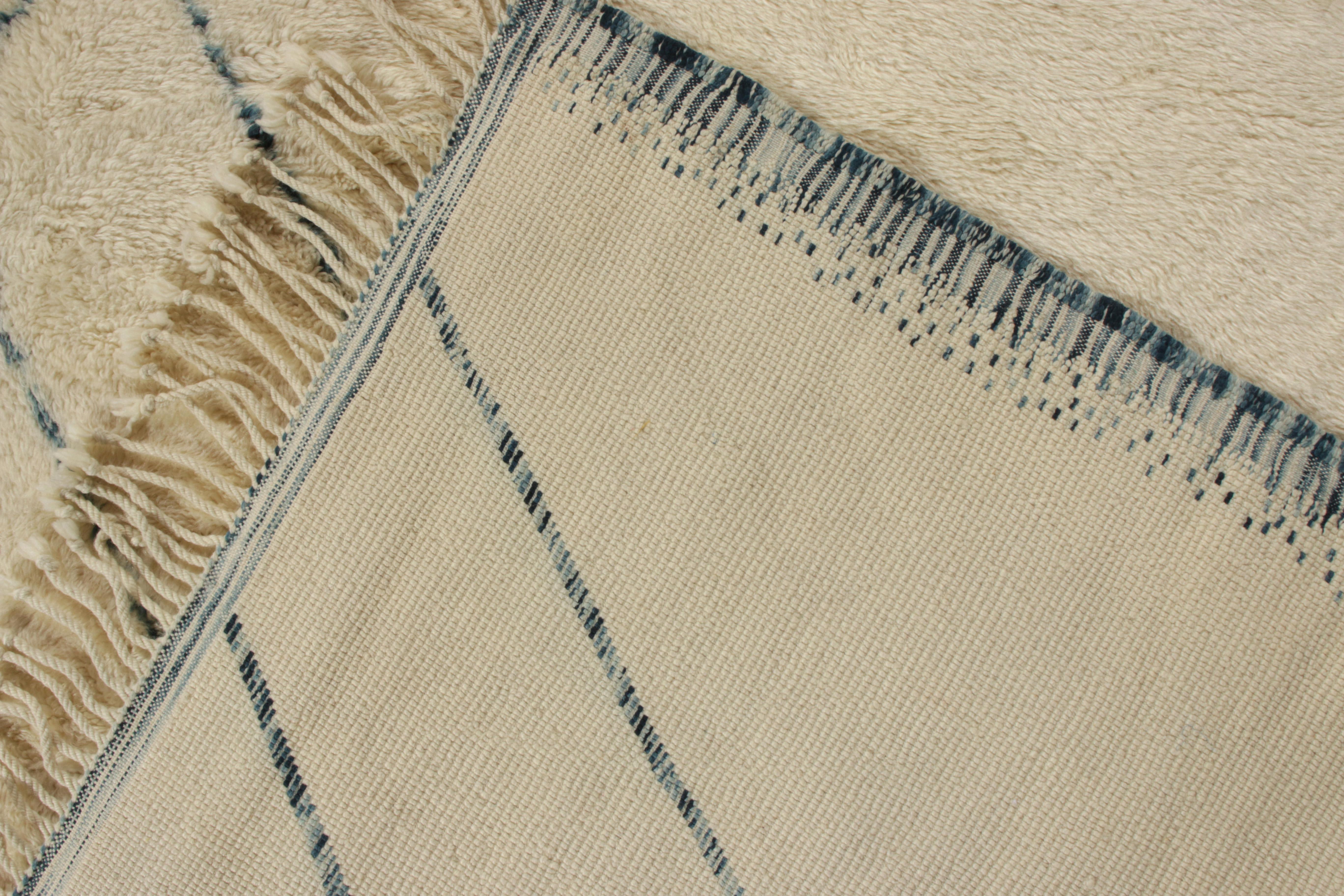 Rug & Kilim’s Contemporary Moroccan Rug in Beige-White, Blue Geometric Pattern In New Condition For Sale In Long Island City, NY