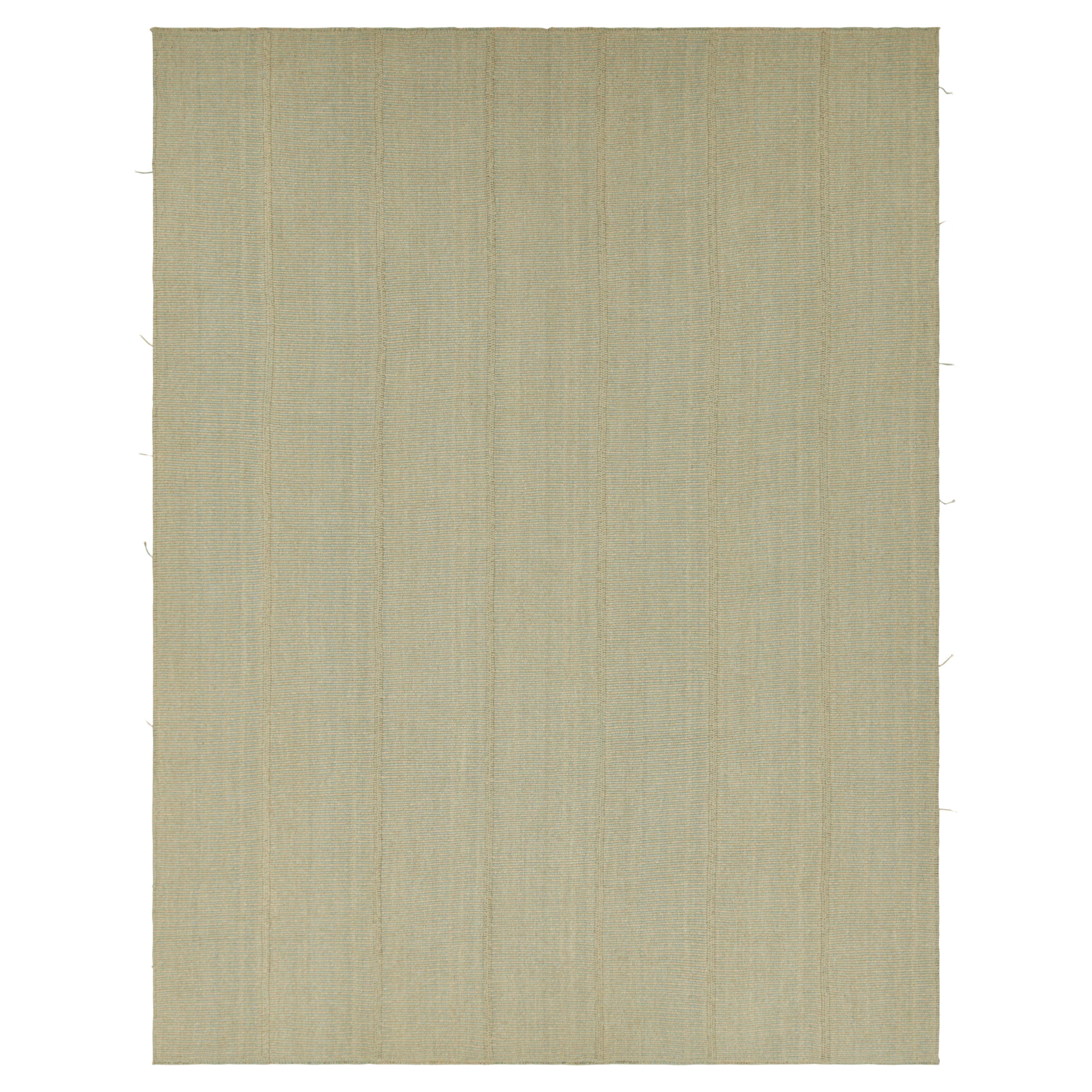 Rug & Kilim’s Contemporary Oversized Kilim in Blue and Beige Textural Stripes