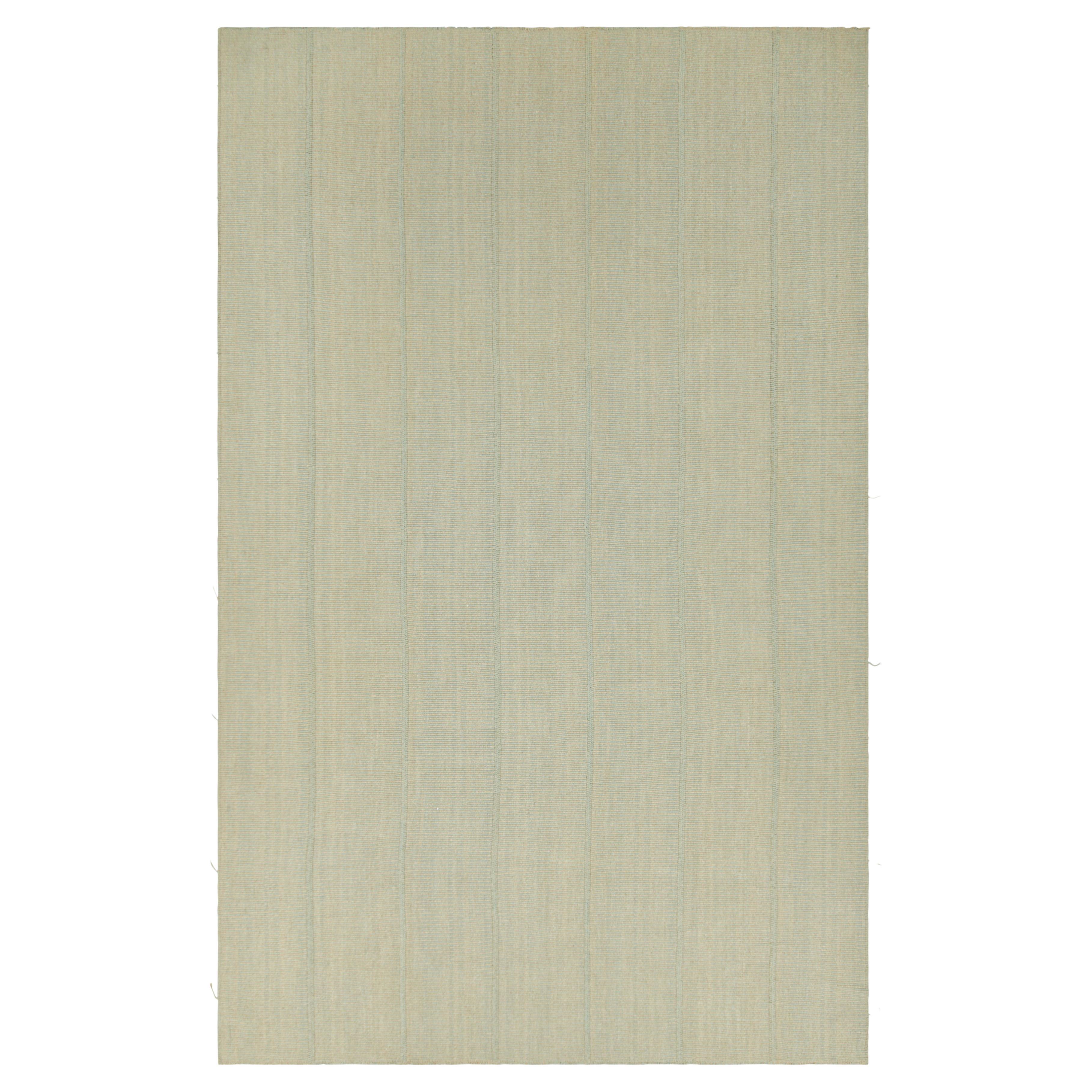 Rug & Kilim’s Contemporary Oversized Kilim in Blue and Beige Textural Stripes