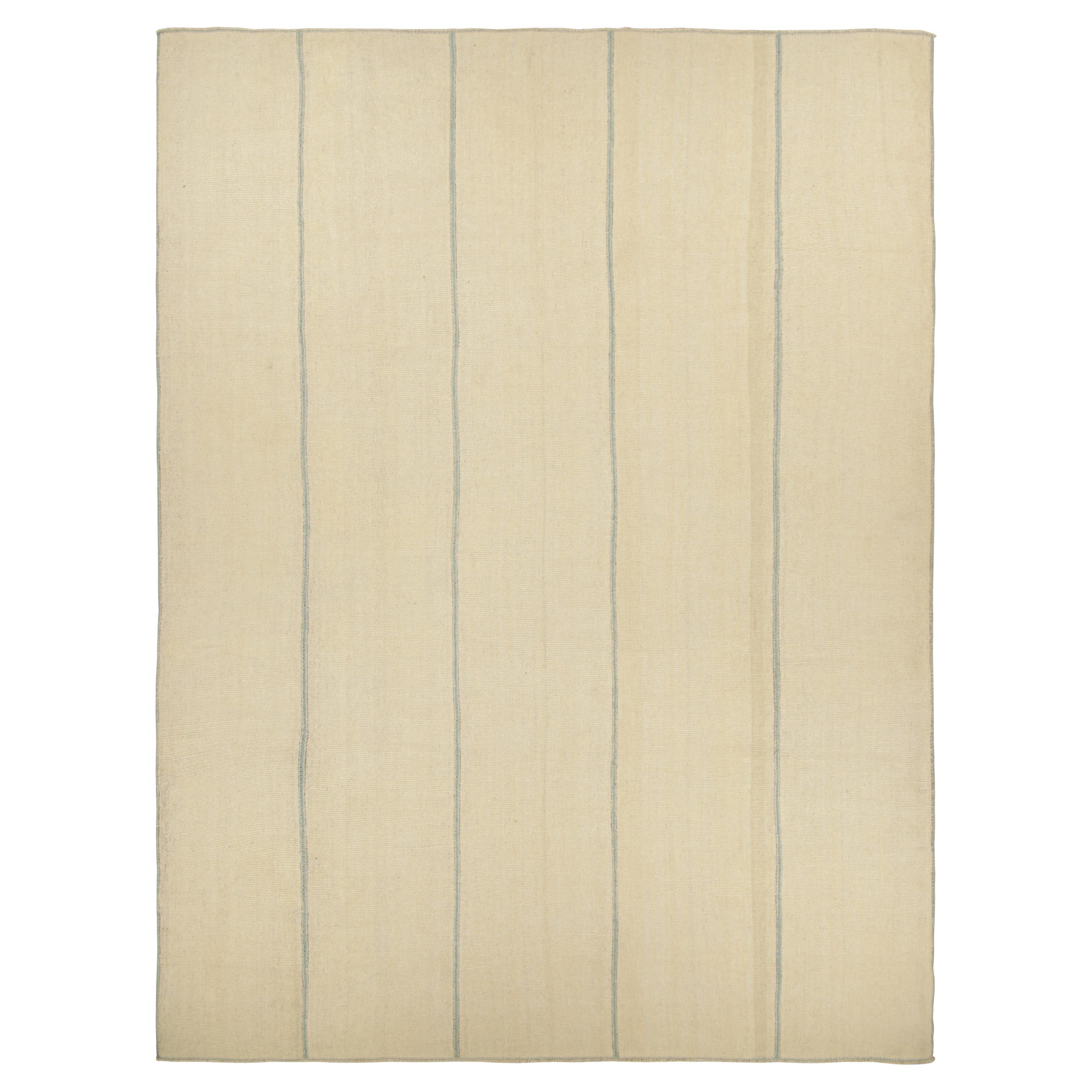 Rug & Kilim’s Contemporary Oversized Kilim in Blue and Beige Textural Stripes