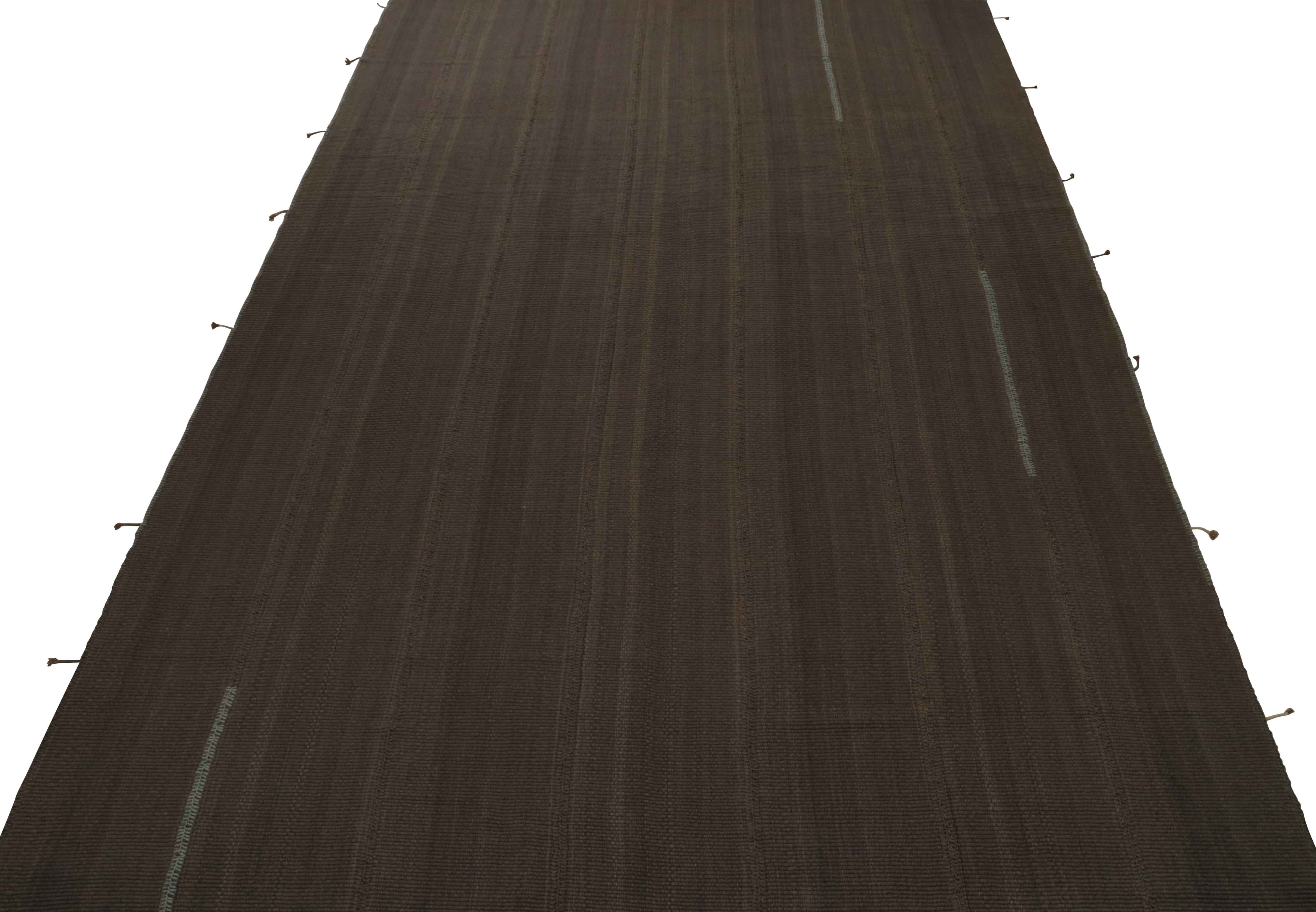 Modern Rug & Kilim’s Contemporary Oversized Kilim in Brown Muted Stripes, Blue Accents For Sale