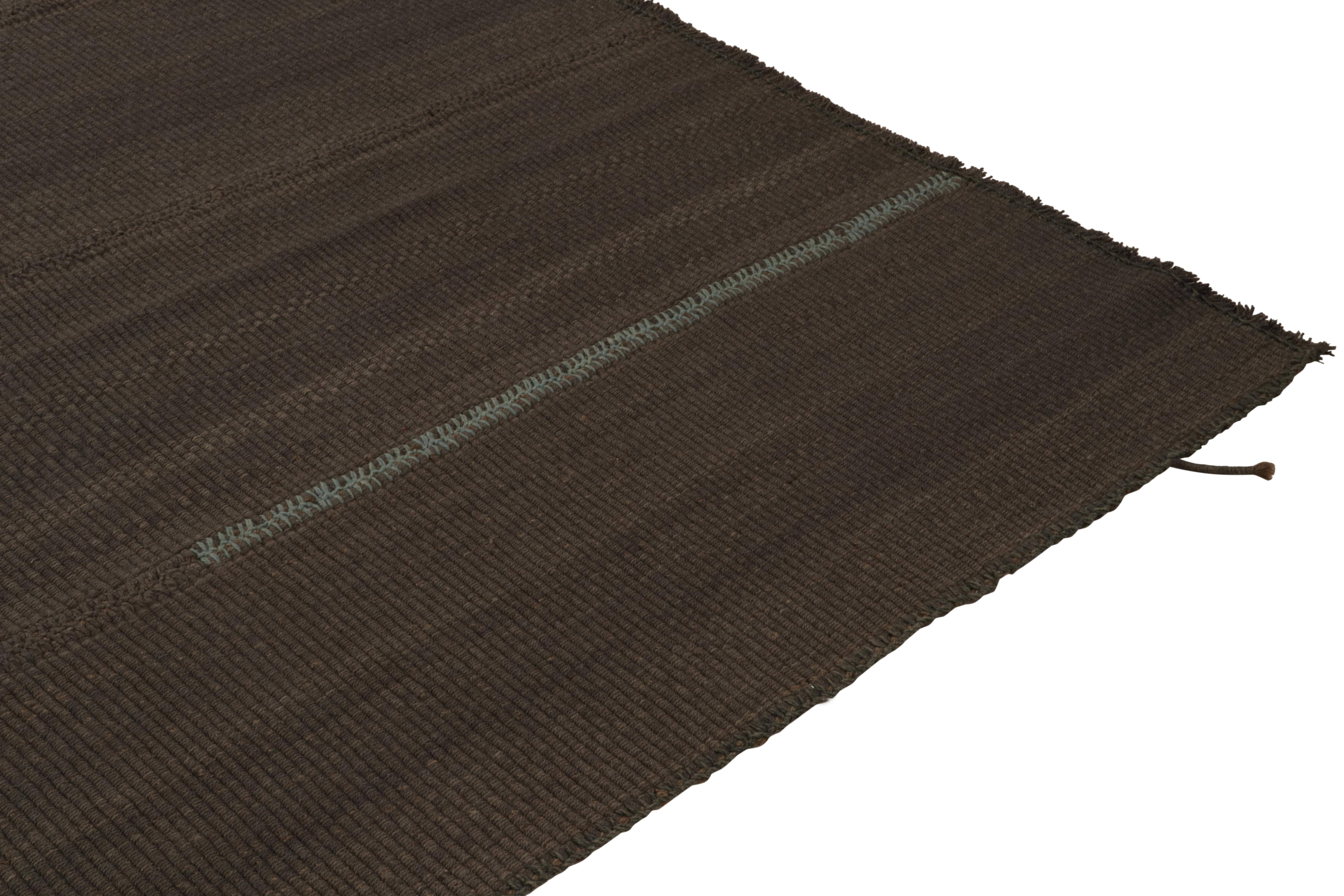 Afghan Rug & Kilim’s Contemporary Oversized Kilim in Brown Muted Stripes, Blue Accents For Sale