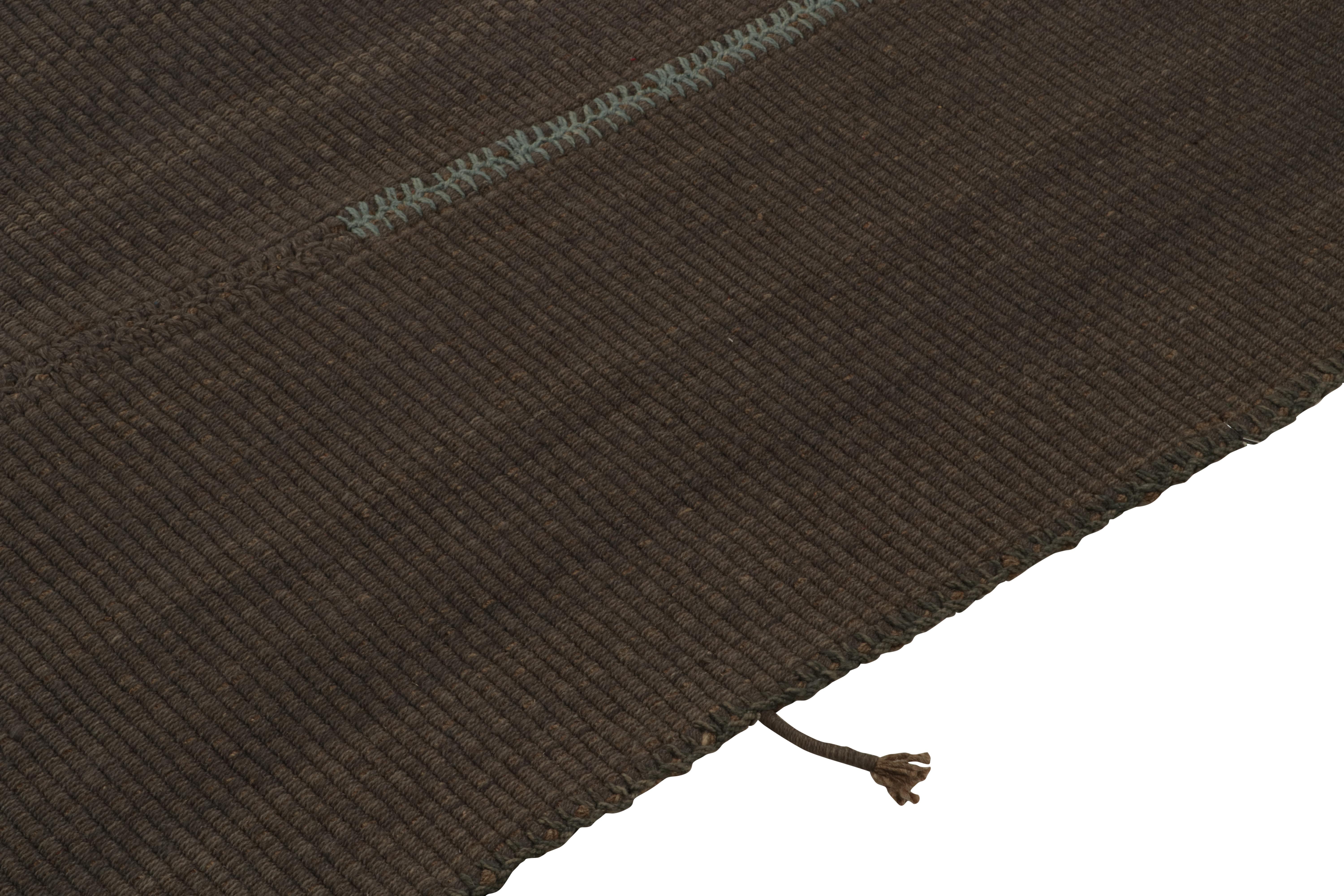 Hand-Knotted Rug & Kilim’s Contemporary Oversized Kilim in Brown Muted Stripes, Blue Accents For Sale