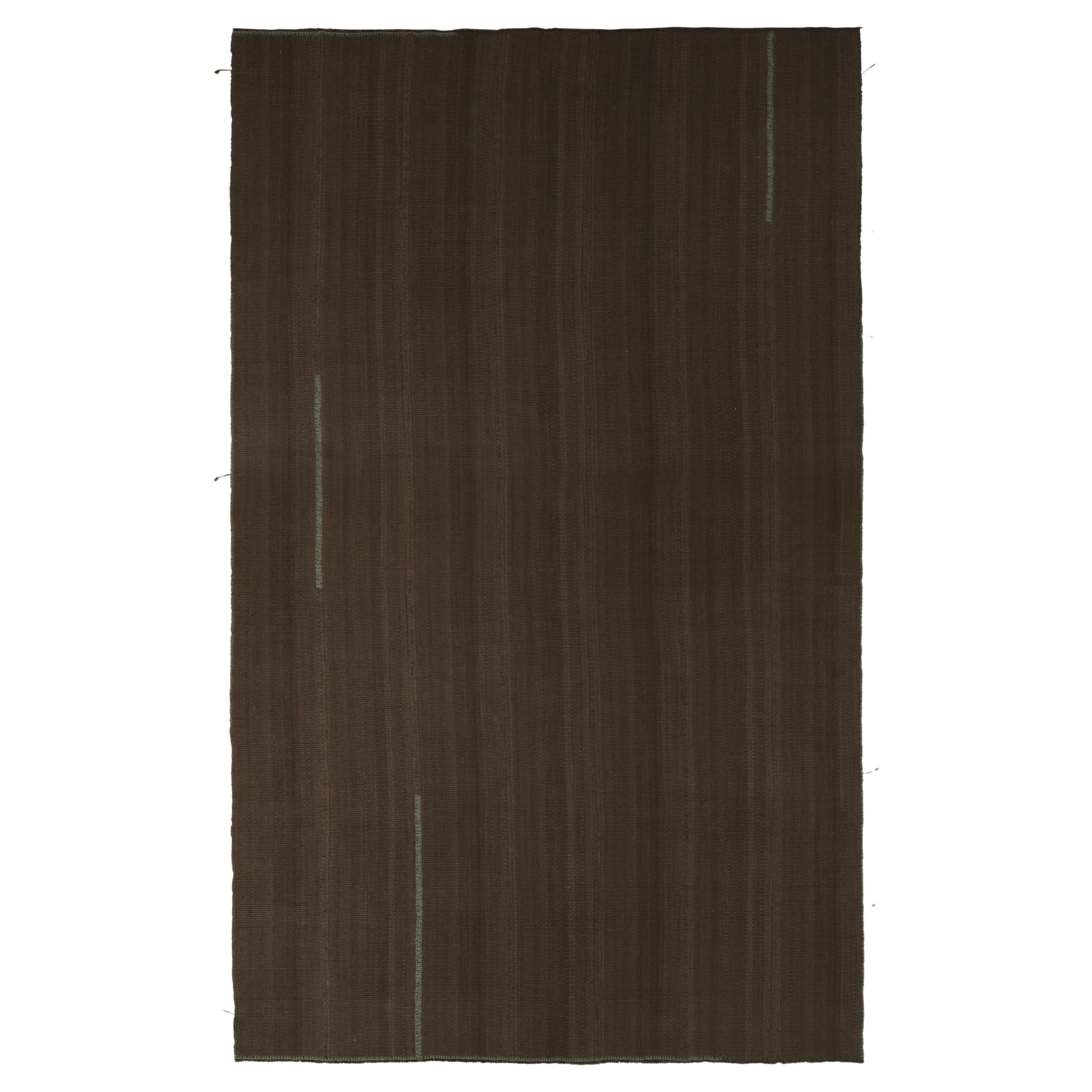 Rug & Kilim’s Contemporary Oversized Kilim in Brown Muted Stripes, Blue Accents For Sale