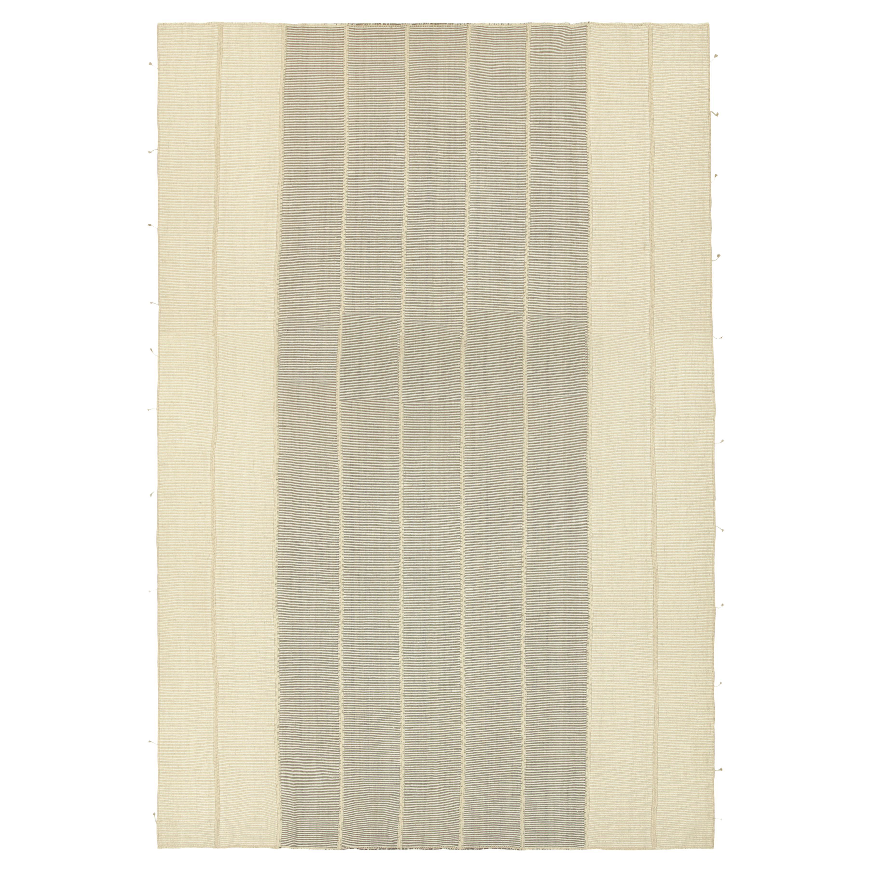 Rug & Kilim’s Contemporary Oversized Kilim in White and Gray Textural Stripes