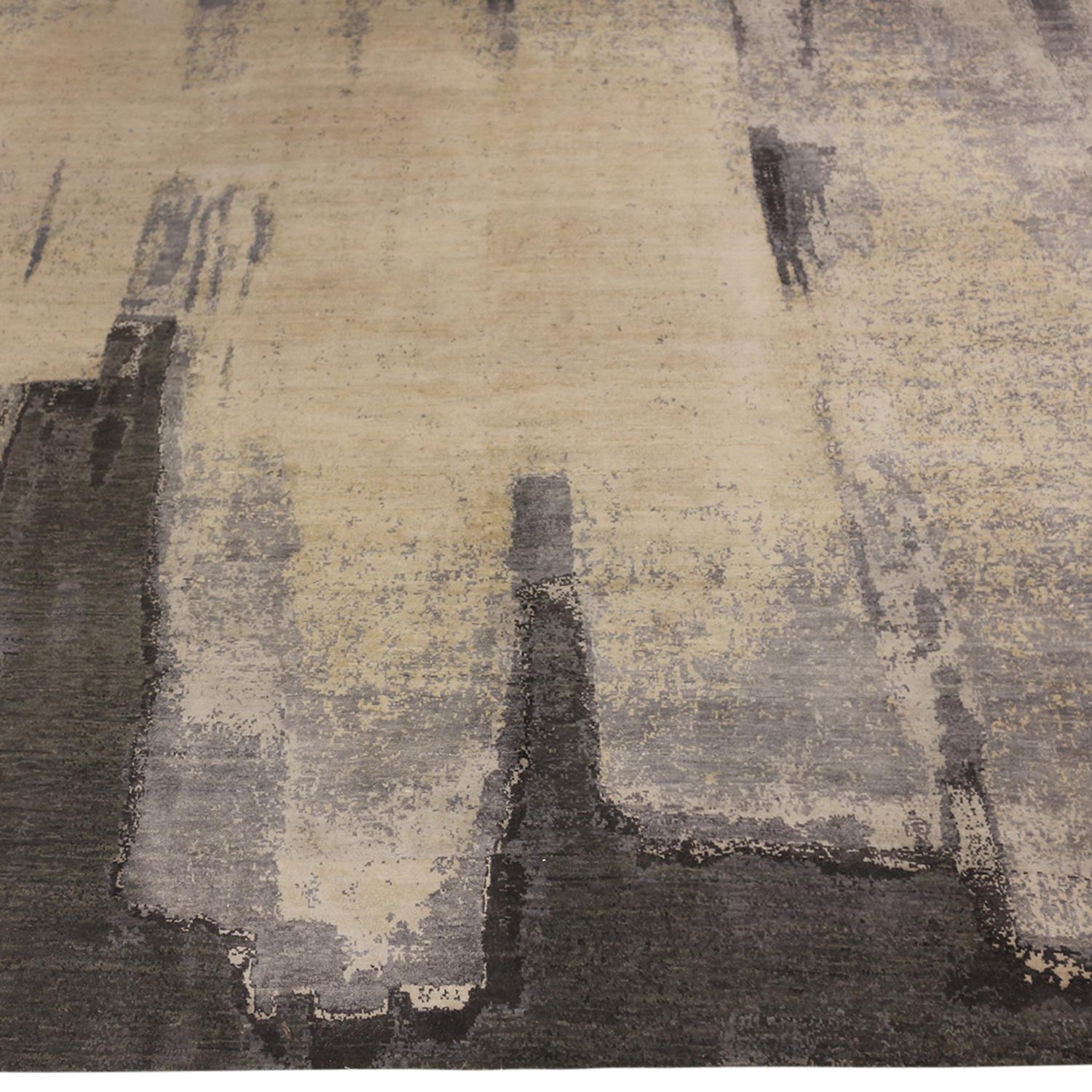 Modern Rug & Kilim's Contemporary Paint Strokes White and Gray Wool and Silk Rug For Sale