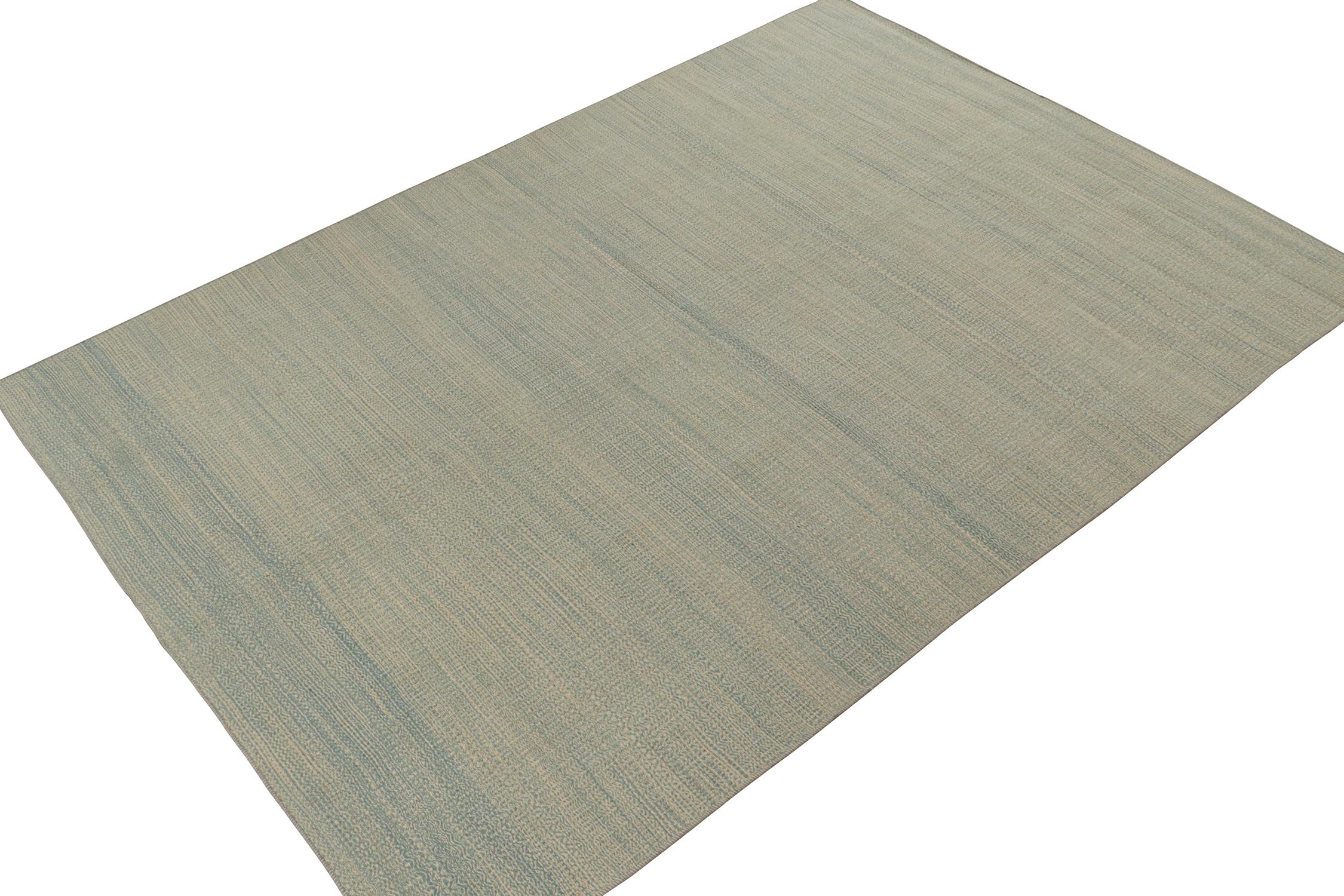 Tejido a mano en lana, un kilim persa contemporáneo de 8x11 de la nueva línea de innovadoras alfombras de tejido plano de Rug & Kilim.

Este diseño marca una inventiva sobre la textura y la técnica de las estrías, disfrutando de la más refrescante