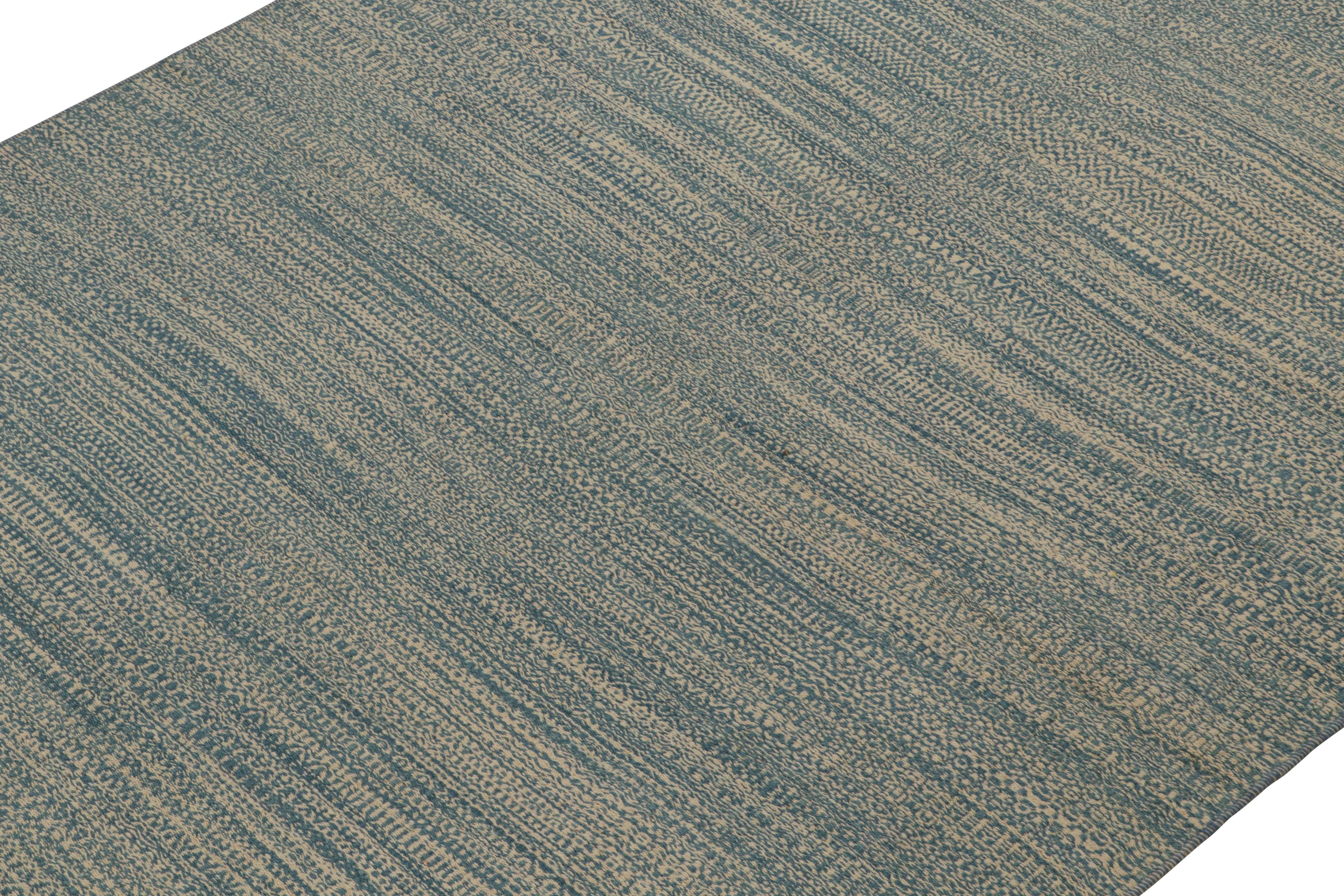 Afghan Rug & Kilim’s Contemporary Persian Kilim in Blue and Beige Stripes For Sale