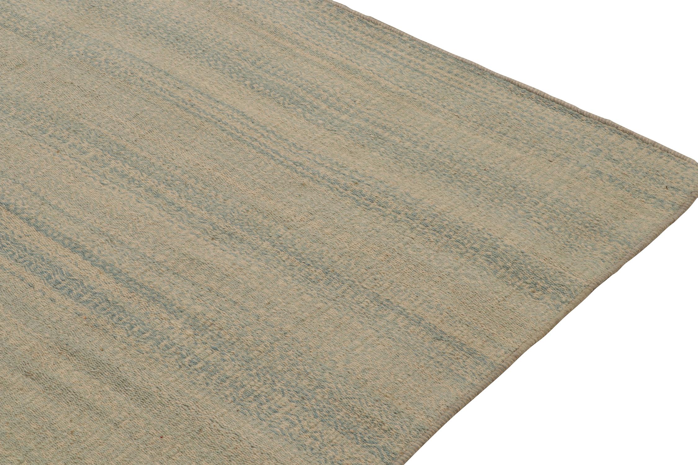 Hand-Knotted Rug & Kilim’s Contemporary Persian Kilim in Blue and Beige Stripes For Sale