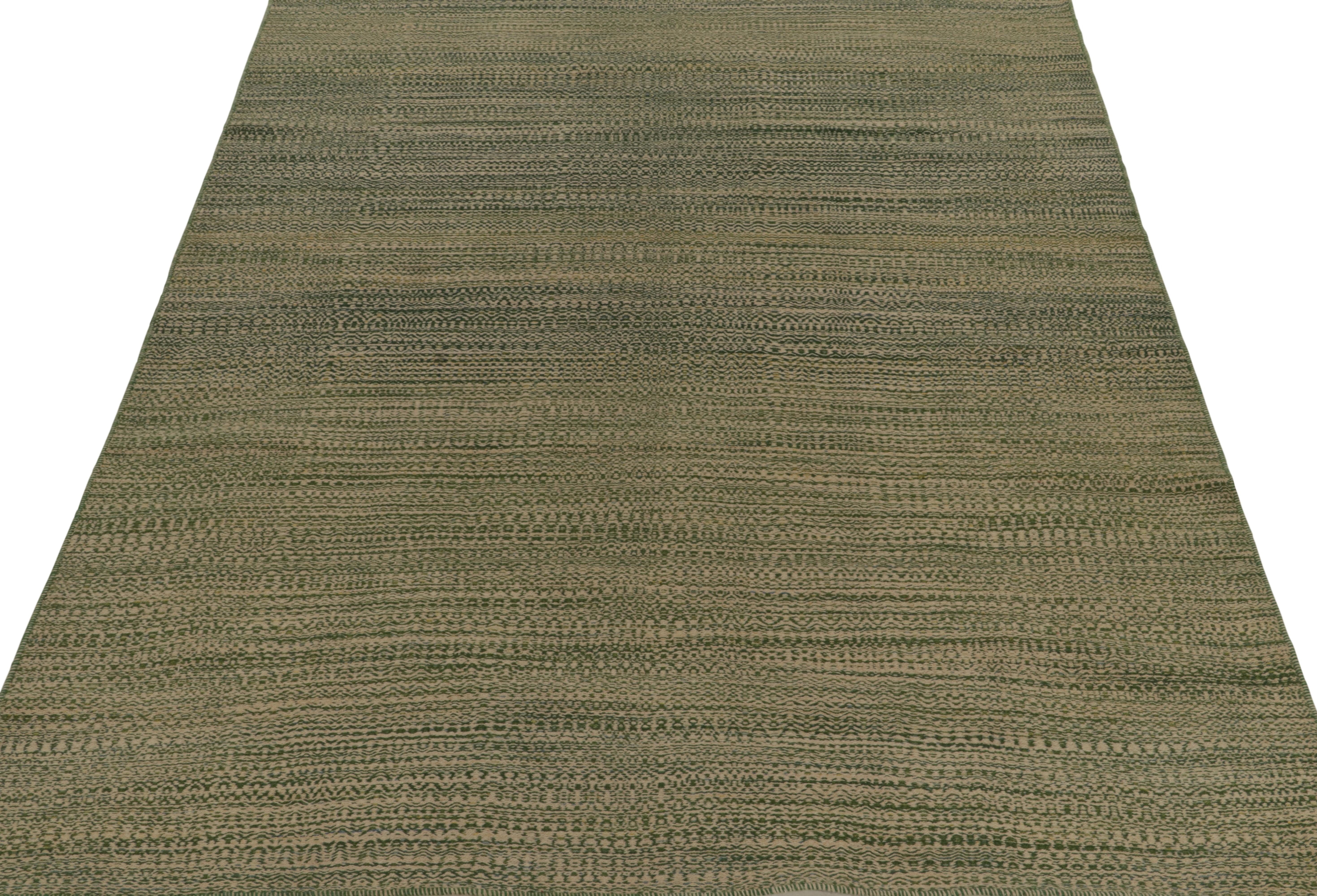 Afghan Rug & Kilim’s Contemporary Persian Kilim in Green and Beige Stripes For Sale